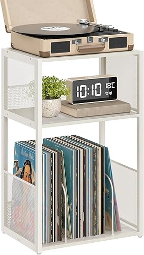 VASAGLE Soporte para tocadiscos, mesa auxiliar de 3 niveles, almacenamiento de discos de vinilo hasta 100 álbumes, mesa auxiliar para sala de estar,