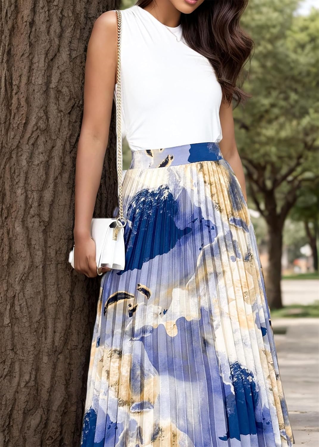 Women's 2025 High Waist Floral Long Skirts Boho Pleated Swing A Line Beach Maxi Skirt - Image 4