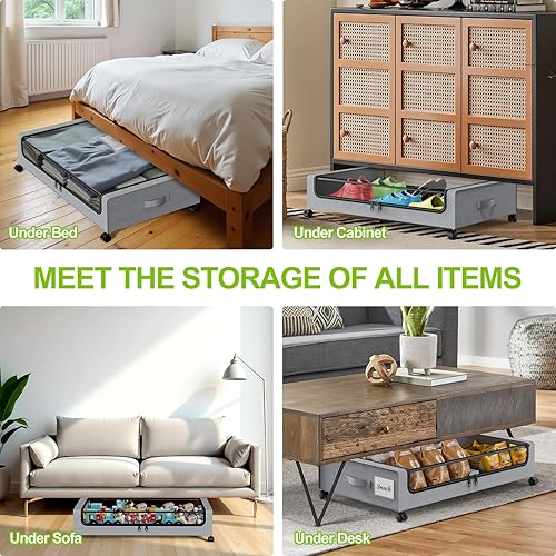 Miniatura 5 de Almacenamiento debajo de la cama con ruedas, paquete de 4 contenedores de almacenamiento debajo de la cama con tapas y cremalleras transparentes,