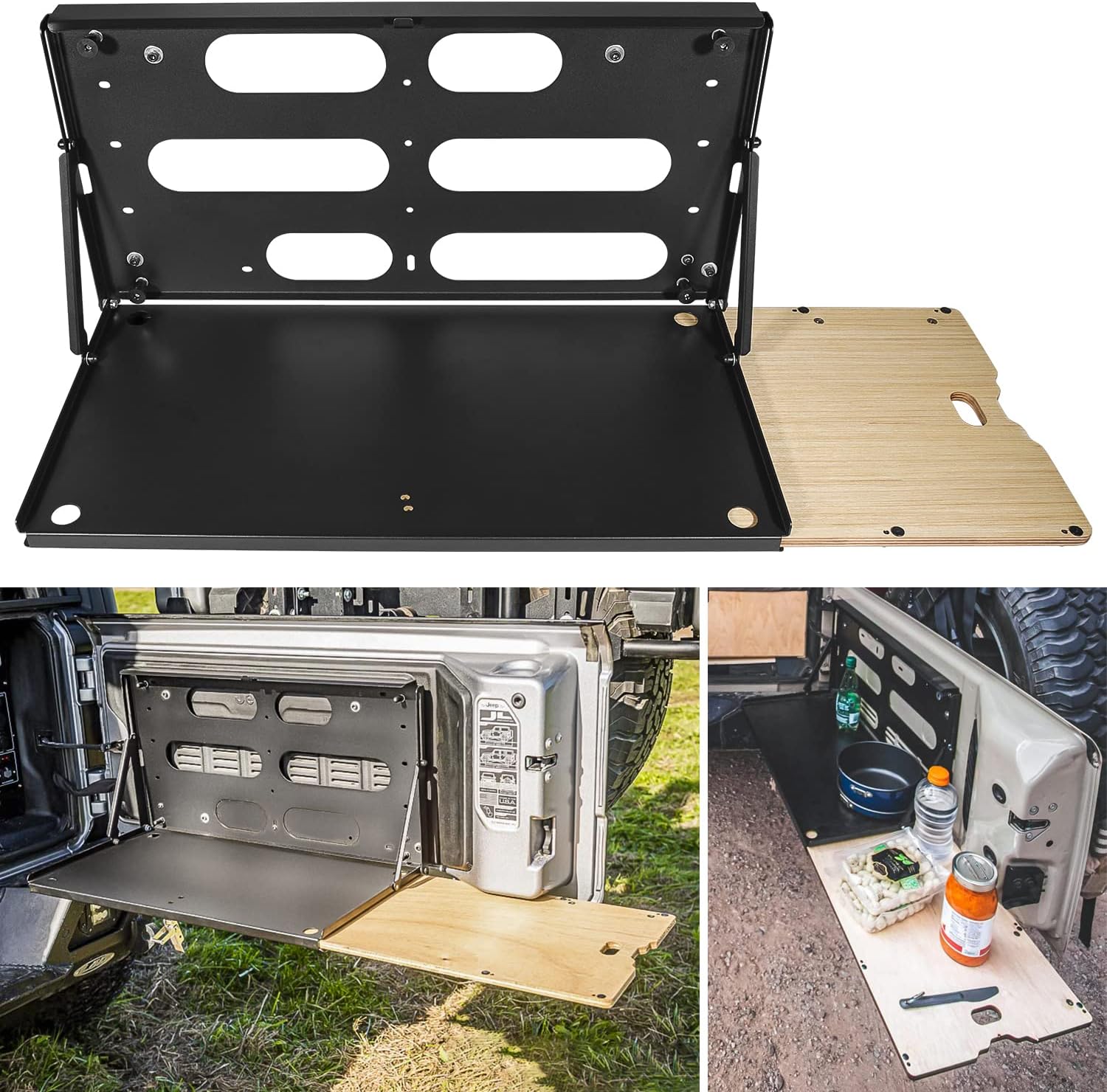 E-cowlboy Drop Down Tailgate Table for 2007-2024 Jeep Wrangler JK JKU JL JLU Unlimited Sports Freedom Sahara Rubicon Rear Door Foldable Table Cargo Shelf Storage Cargo Luggage Holder Carrier