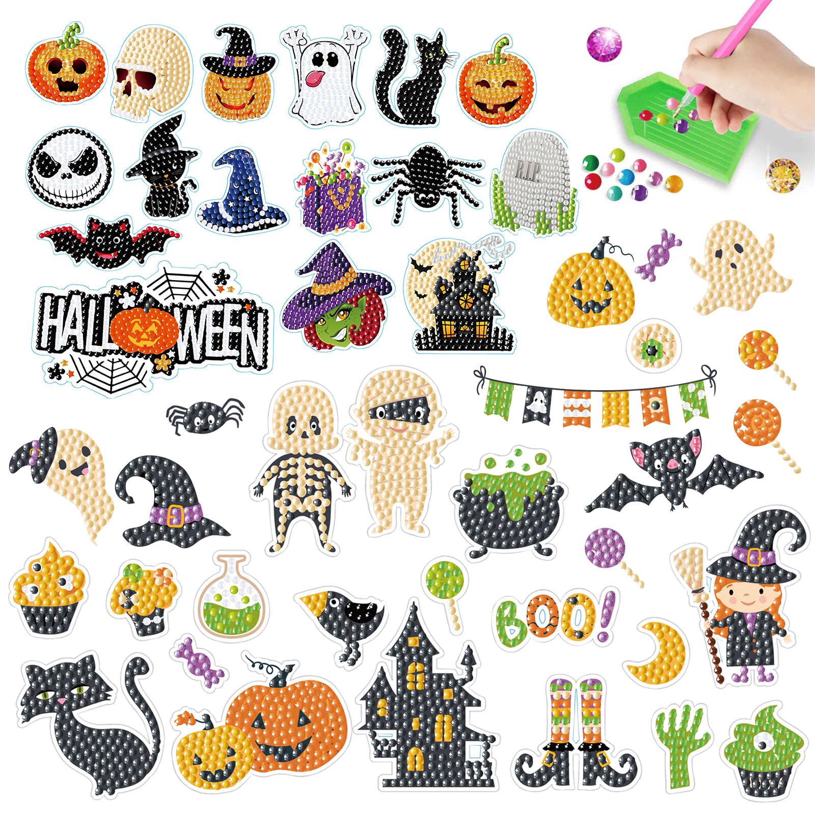 46 Pieces Halloween 5D DIY Diamond Painting Stickers Kits for Kids Adults Ghost Spider Diamond Art Painting Stickers Pumpkin Diamonds Mosaic Stickers Rhinestone Embroidery Arts Craft for Home Wall