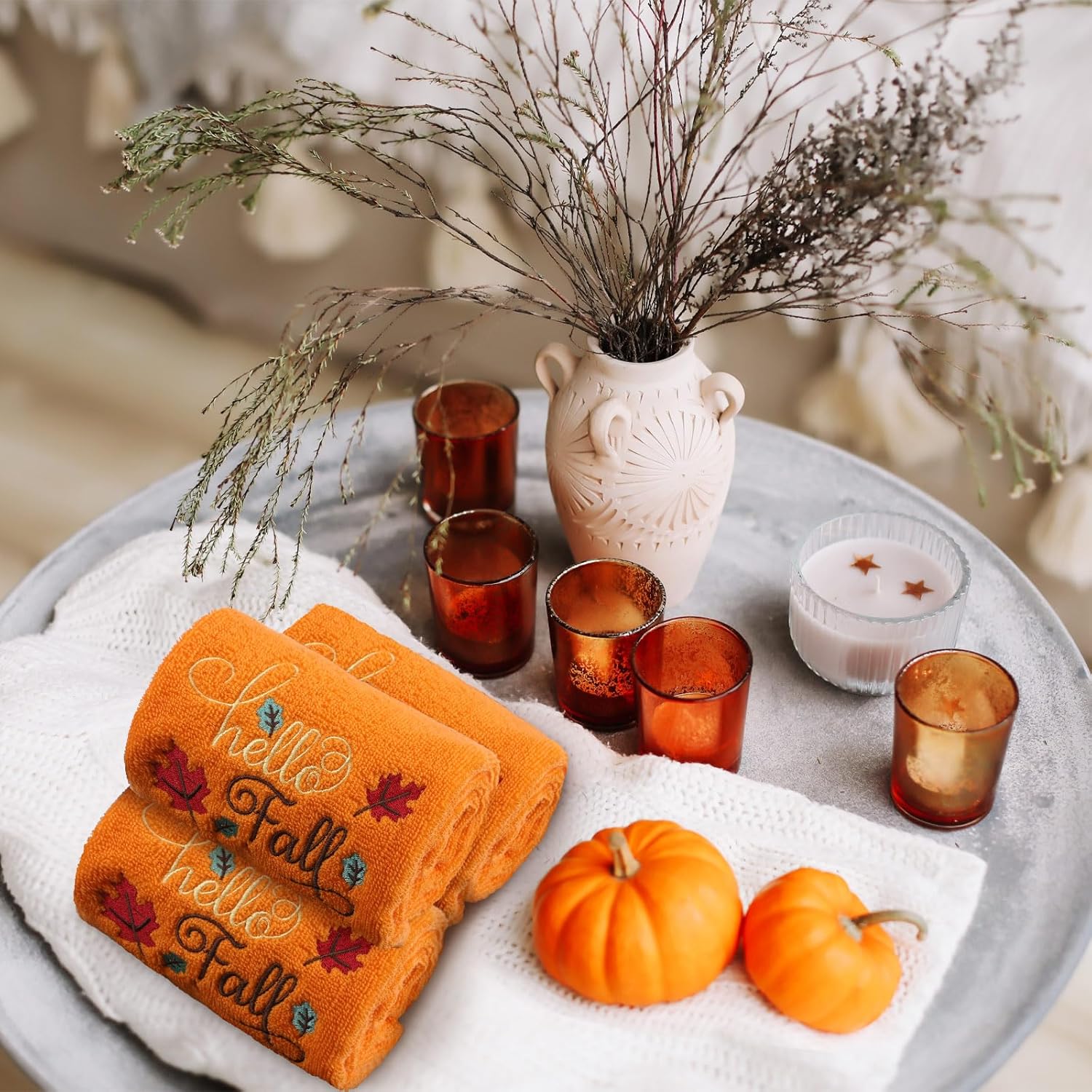 3 Pcs Thanksgiving Hand Towels for Bathroom 13.8 x 29.5 Inch Fall Decorative Bath Towels Sets 100% Cotton Embroidered Pumpkin Autumn Maple Bathroom Decor(Orange,Hello Fall) - Image 3