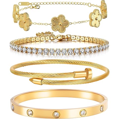 18K Gold Plated Womens Stackable Floral Gold Clover Bracelets Set Love Bangle Bracelets Non Tarnish, Nail Bracelet Set Trendy Jewelry,Gifts for Women's Day and Mother's Day