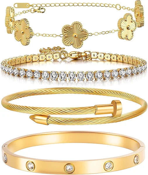 18K Gold Plated Womens Stackable Floral Gold Clover Bracelets Set Love Bangle Bracelets Non Tarnish, Nail Bracelet Set Trendy Jewelry,Gifts for Women's Day and Mother's Day