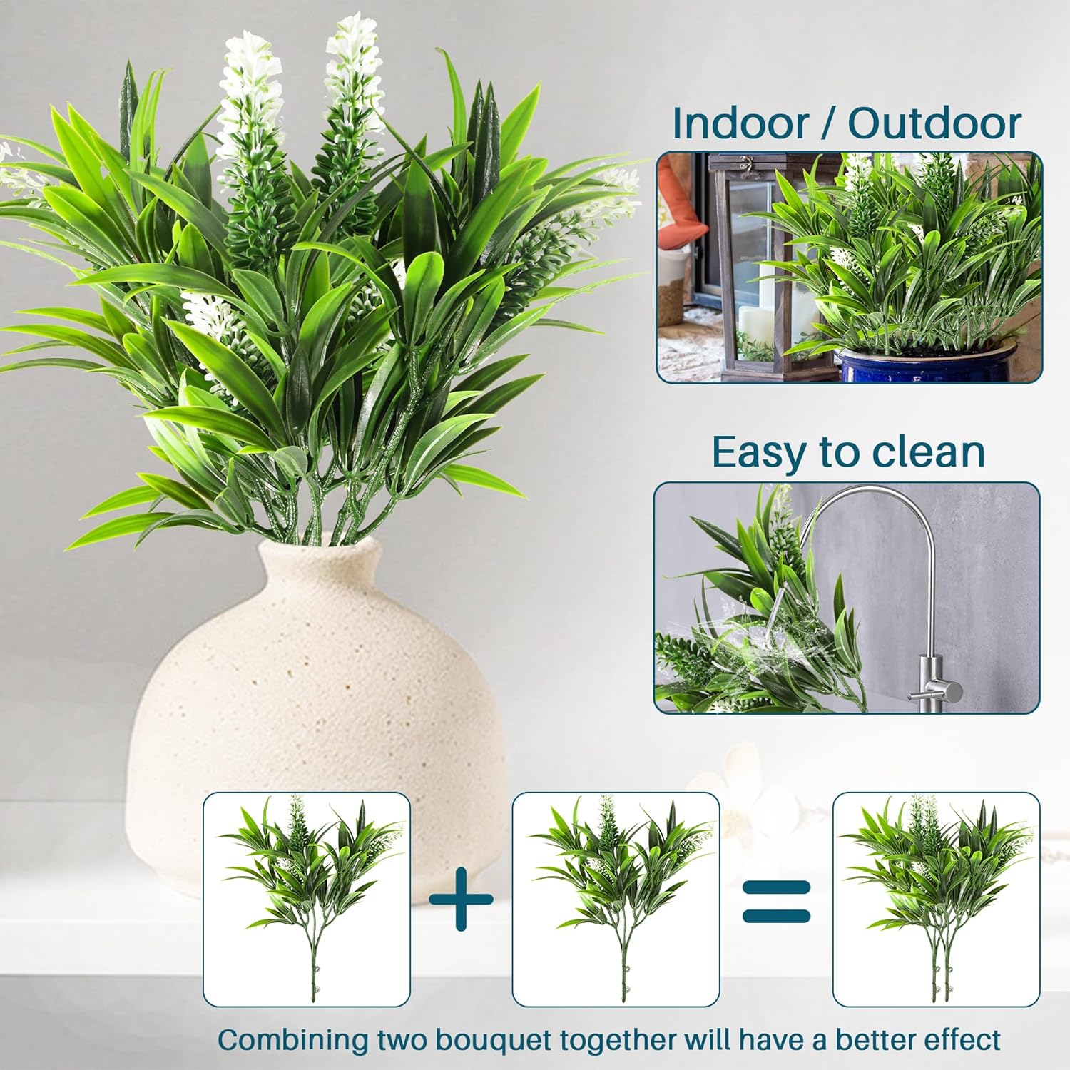 COARBOR 2 PCS Artificial Bushes Plastic Artificial Flowers Fake Outdoor Plants for Home Kitchen Party Flowers Arrangement Wedding Decorations, Green White