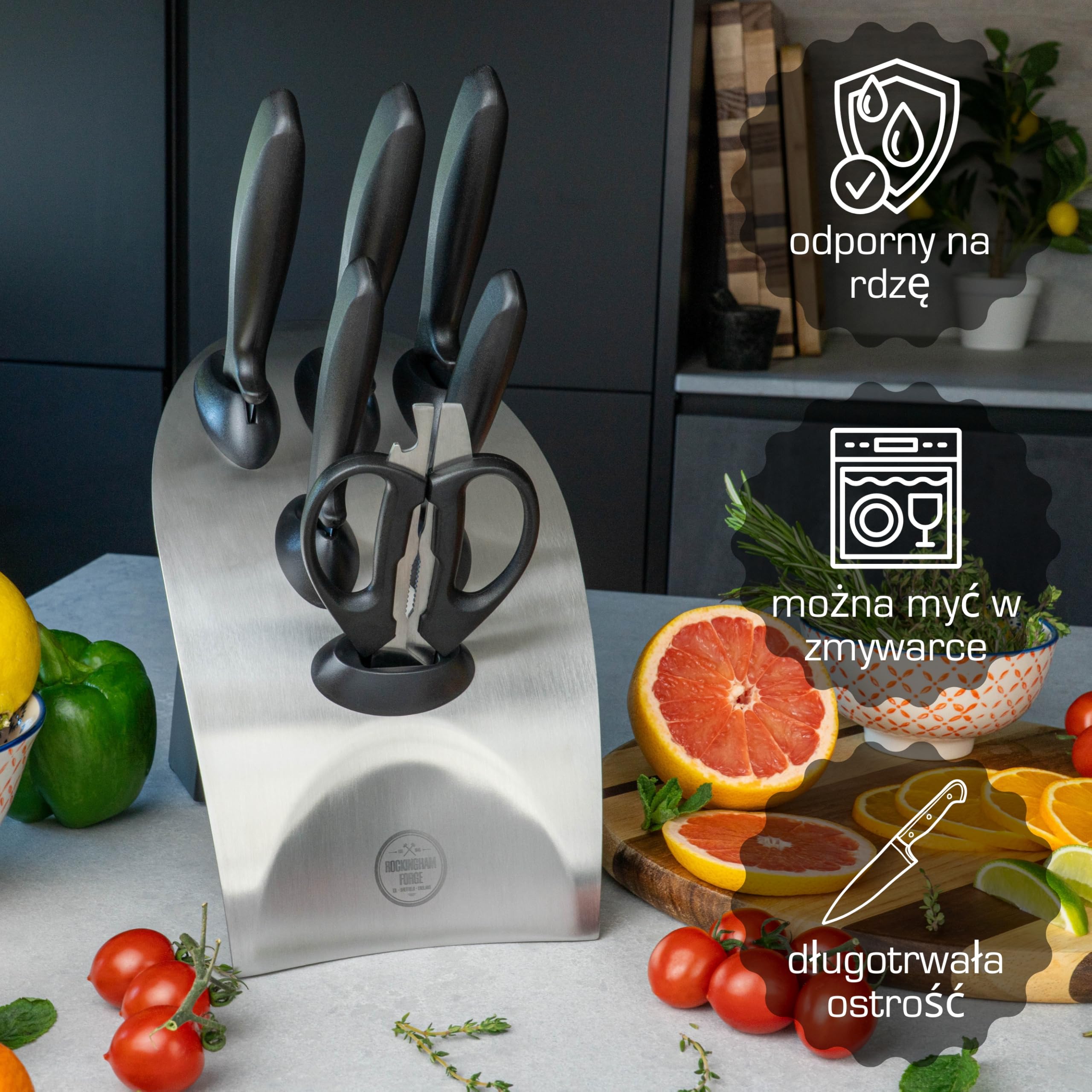 Rockingham Forge 8007 Essentials Range 7-Częściowy Zestaw Noży w Bloku, Stal Nierdzewna, Czarne Uchwyty, 5 Noży, 1 Para Nożyczek i 1 Blok