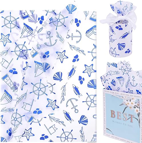 Miniatura 7 de HolyMaji 30 hojas de papel de seda náutico azul, tamaño grande, 20 x 26 pulgadas, diseño de ancla, papel decorativo de regalo para decoración de