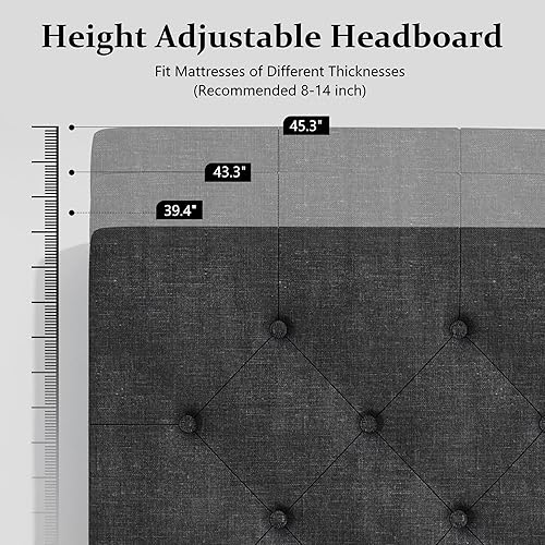 Miniatura 134 de BarnFurin Base de cama de tamaño matrimonial con cabecero, cama de plataforma tapizada con cabecera capitonada con botones ajustables, marco de cama