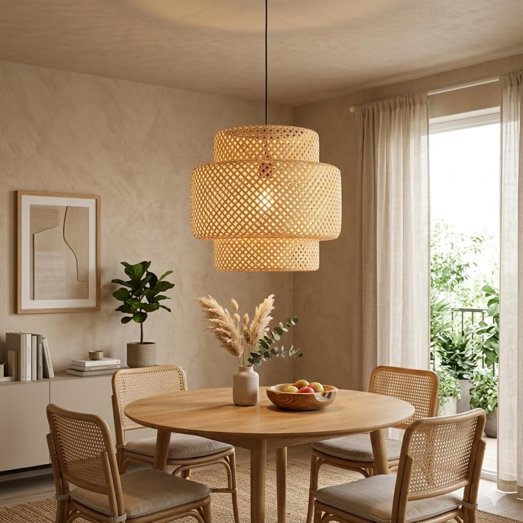 BARCELONA LED Hängelampe Onna aus natürlichem Rattan Ø40 cm. Handgefertigte Pendelleuchte im Boho Stil mit E27 Fassung bis 60W, 3 Kabel-Optionen, warmes Licht für Wohnzimmer & Esszimmer