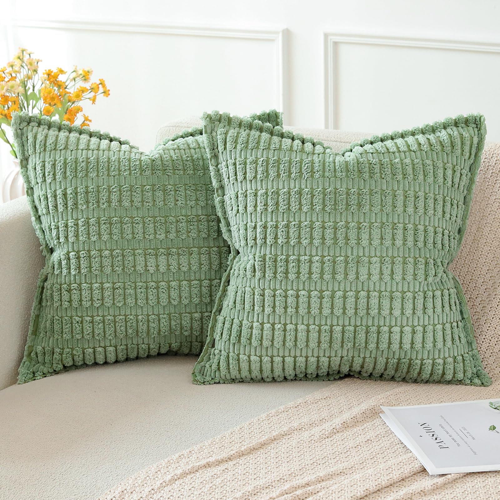 Artscope Sage Green Cushion Covers Set of 2 Corduroy Decorative Square Striped Pillowcase with Stitched Edge Pillow Covers 50x50cm for Home Decor Sofa Bedroom Car