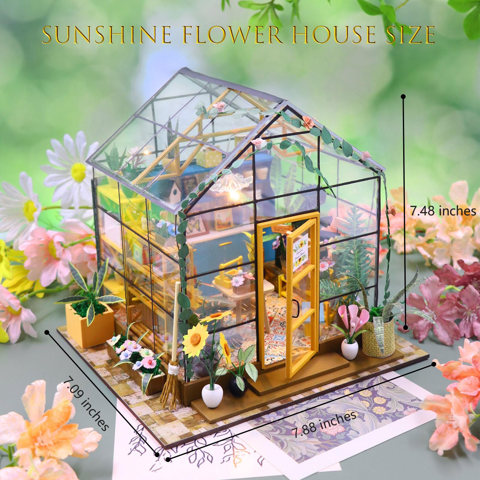 DIY Miniature Dollhouse Kit,Book Nook Greenhouse Kits with Furniture and LED,Wooden Dollhouse Kit,Best Birthday Valentine's Day for Family & Friends