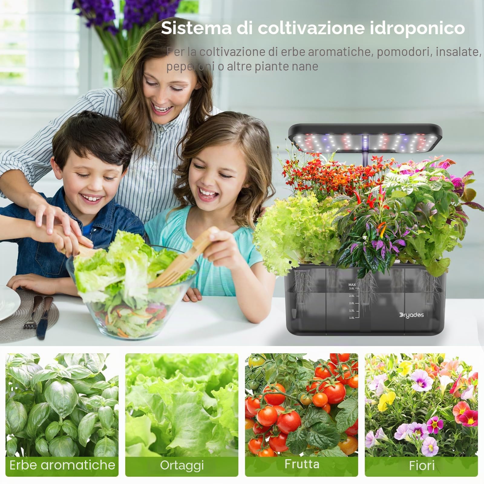 Sistema di coltivazione idroponica con luce a LED a spettro completo, 8 cialde da giardino interno con promemoria per mancanza d'acqua, strumenti per giardinaggio per casa, cucina, scuola
