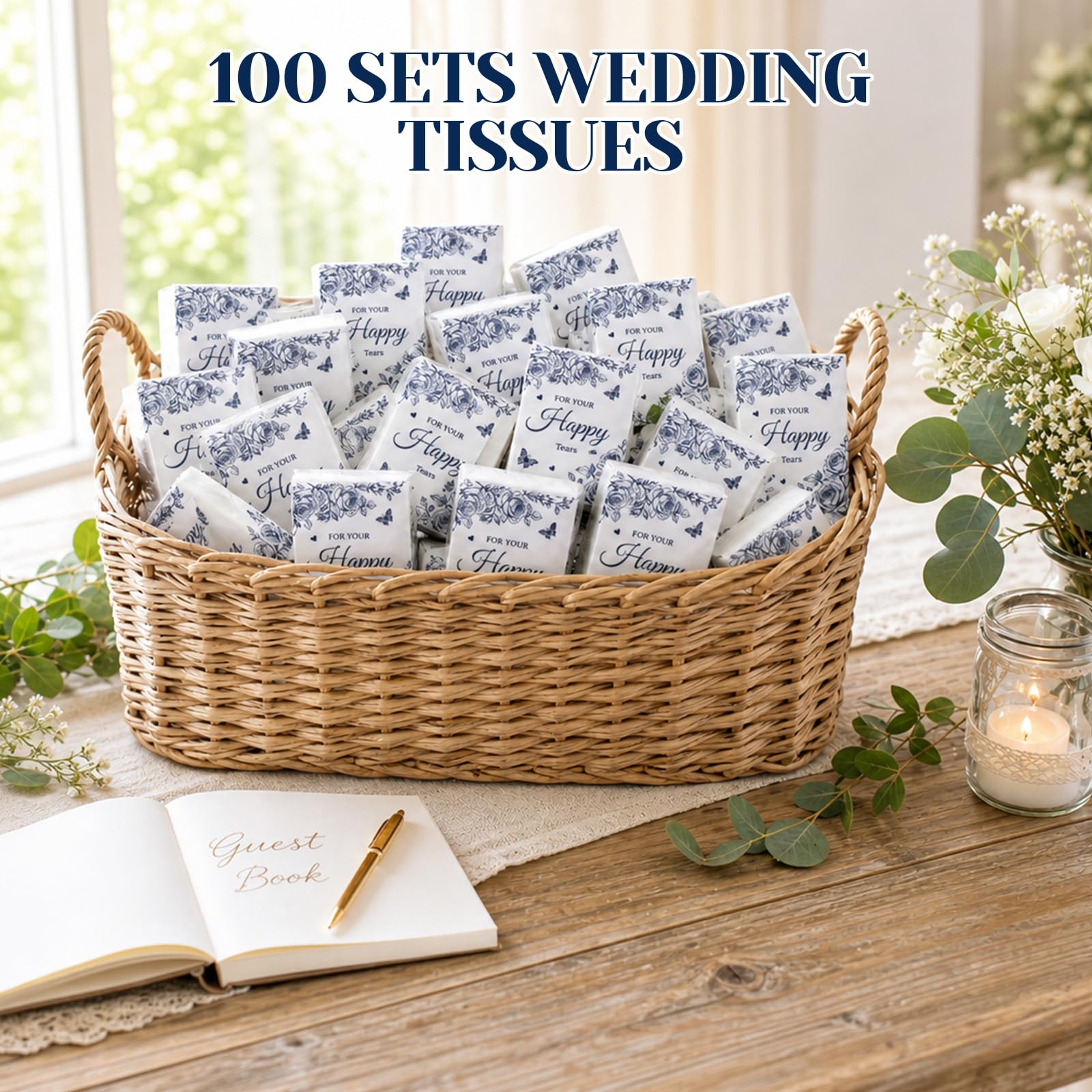 Confezione da 100 fazzoletti di carta con fiori blu, lacrime felici, per
