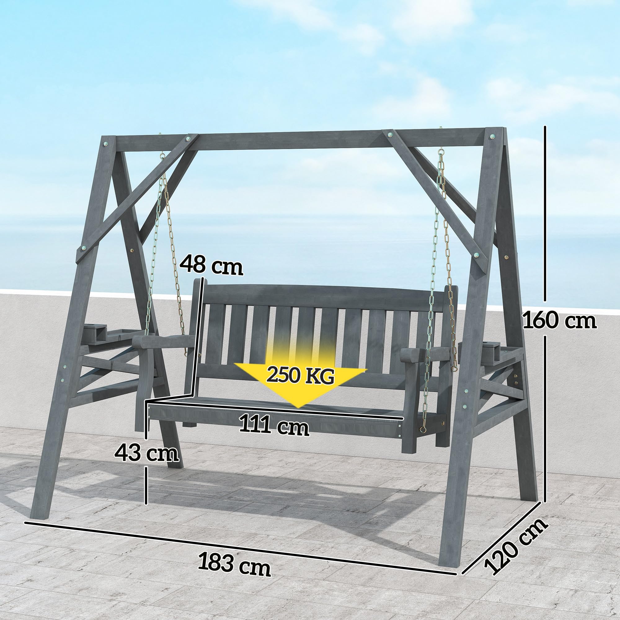 Outsunny Hollywoodschaukel, 2-Sitzer Gartenschaukel aus Holz, Holzschaukel mit Ablagen, Schaukelbank bis 250kg belastbar, für Garten, Terrasse, 183 x 120 x 160cm, Grau