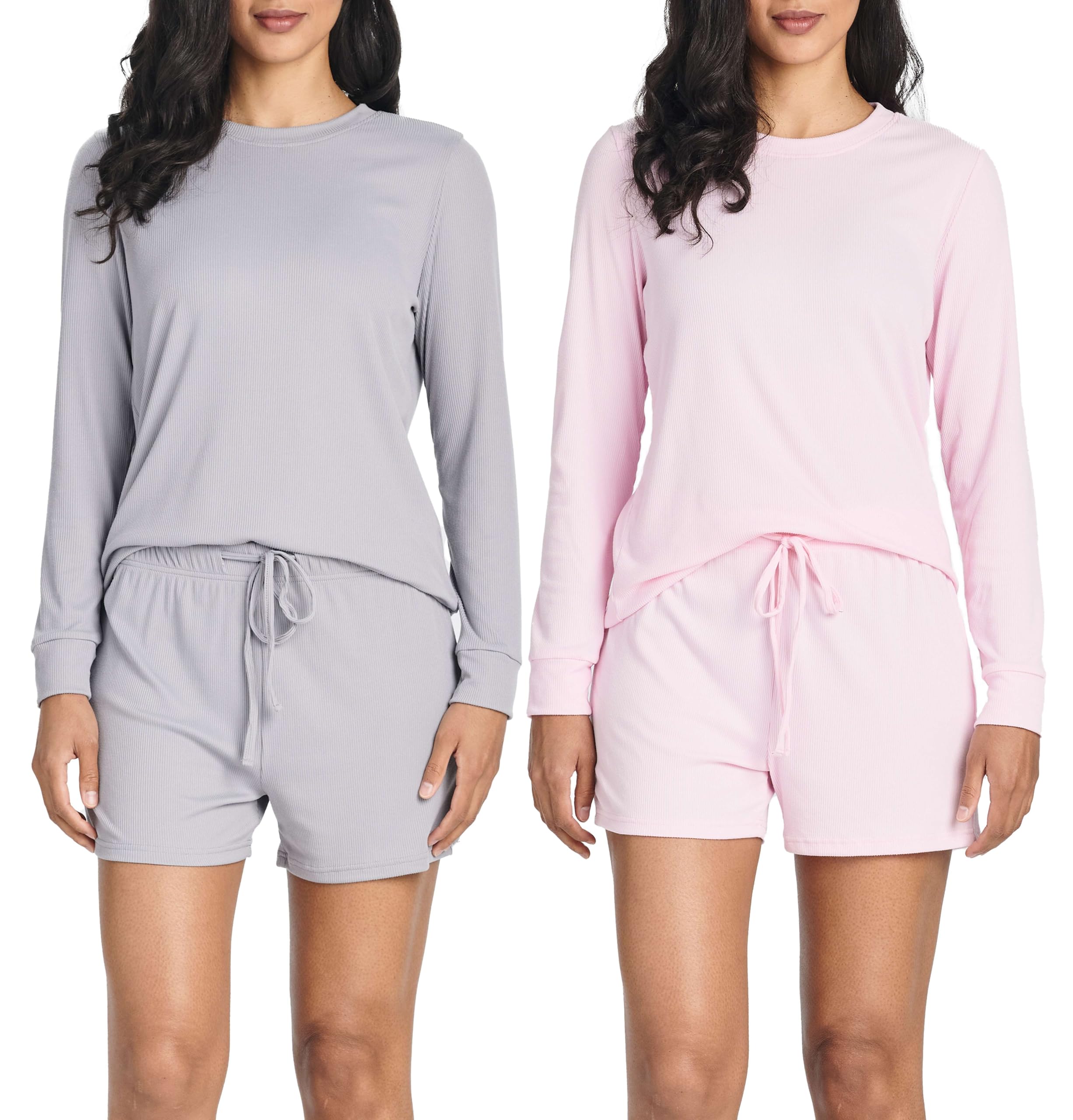 Real Essentials 2 Pack Womens Ribbed Knit Long Sleeve Top and Shorts Pullover Lounge Pajama Set Available In
