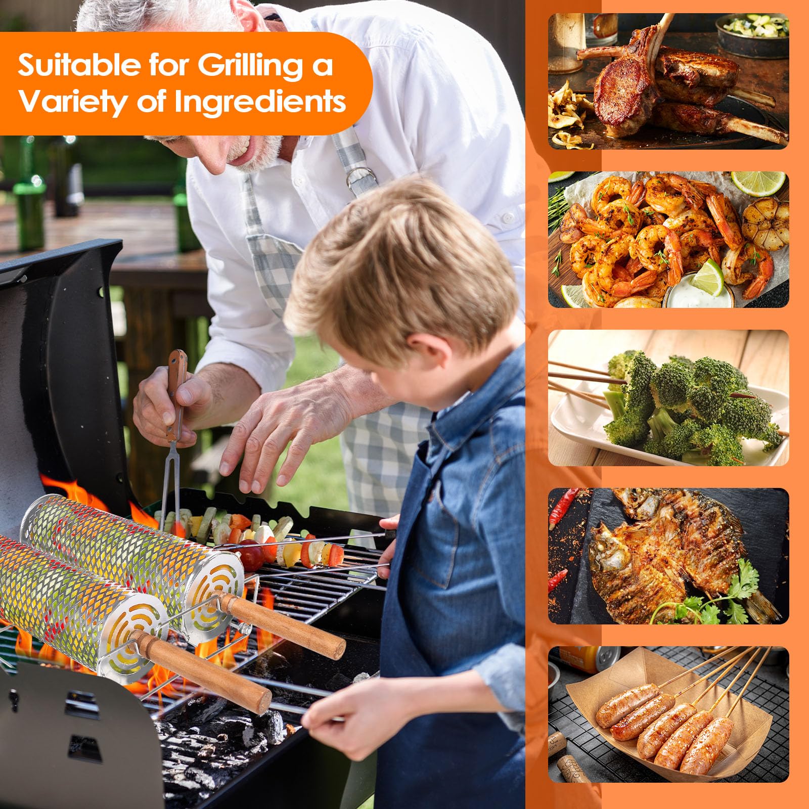 Cestelli Per Grigliare - Set Da 2 Pezzi Rotanti Con Manico In Legno, Acciaio Inox - Foto 13