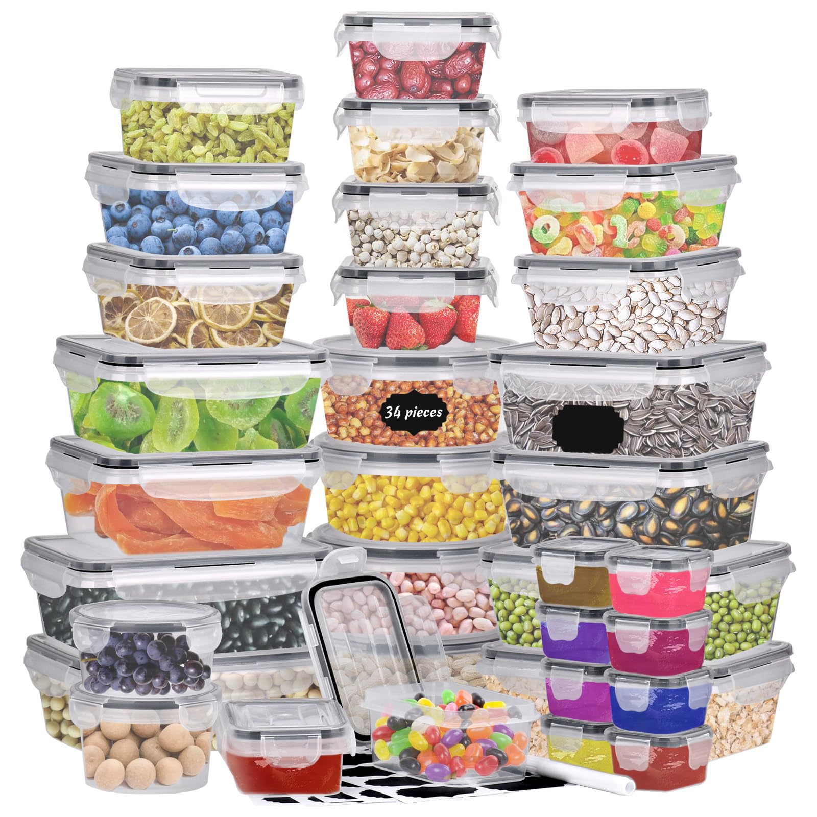 DUOJIN Set Da 34 Contenitori Ermetici Per Alimenti In Plastica Con Coperchio (68 Pezzi) - Organizer Dispensa Impilabile, Microonde E Freezer, Con Etichette