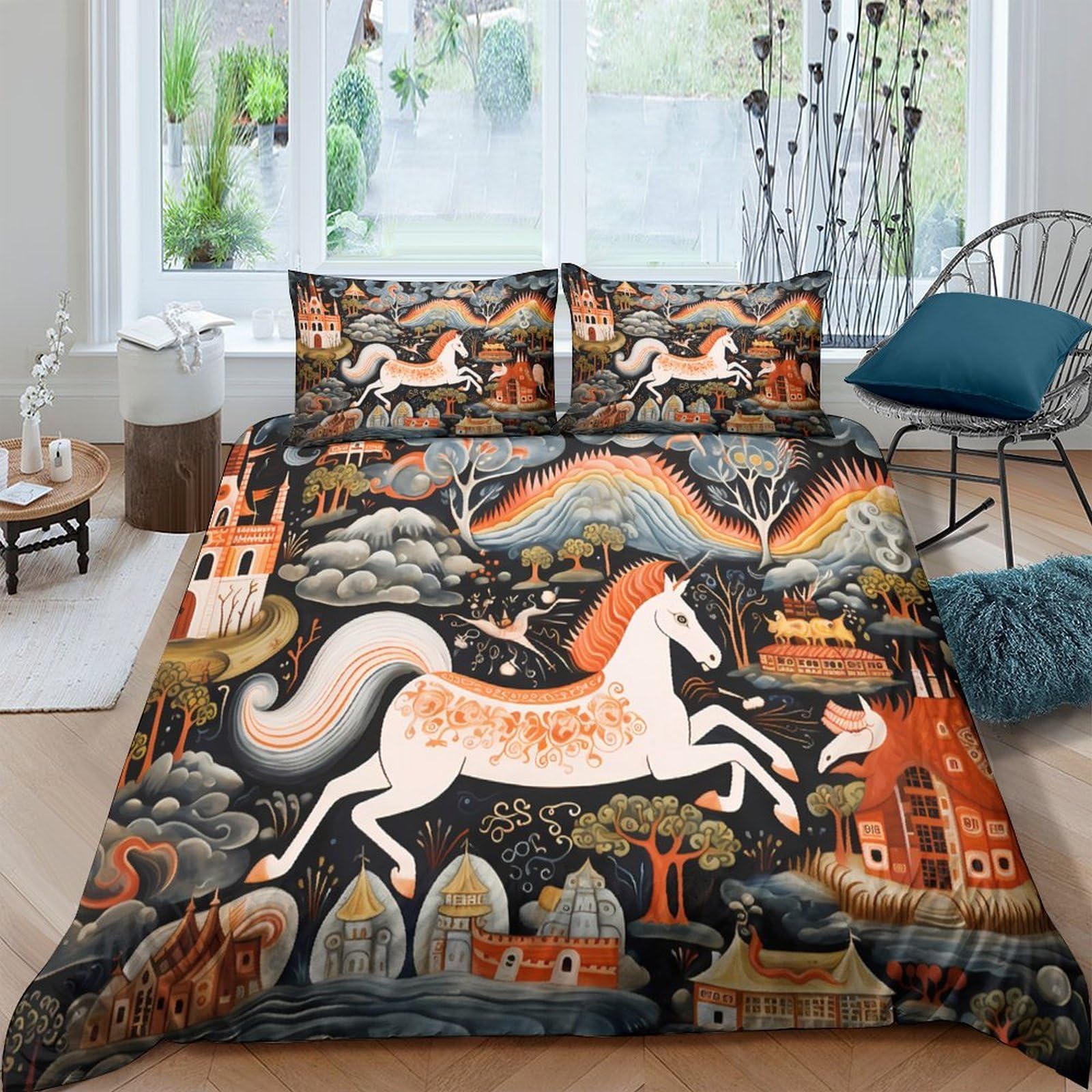 Ctjqhvkz Style-9 3D Printed Oriental Horse Fitted Sheet Microfiber Soft Washable Mythical Landscape Bed Cover For Bedroom Guestroom Single（135X200cm）