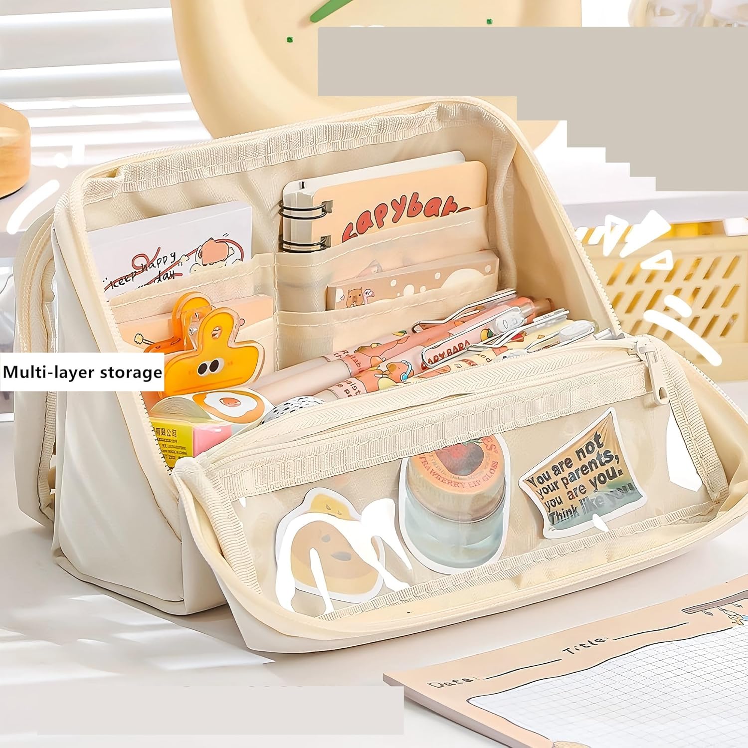 Large Pencil Pouch Big Pencil Case Big Capacity Aesthetic Pen Cosmetic Bag Pen Stationery Organizer Simple, College Office Home Travel Storage Bag (Beige) - Image 5