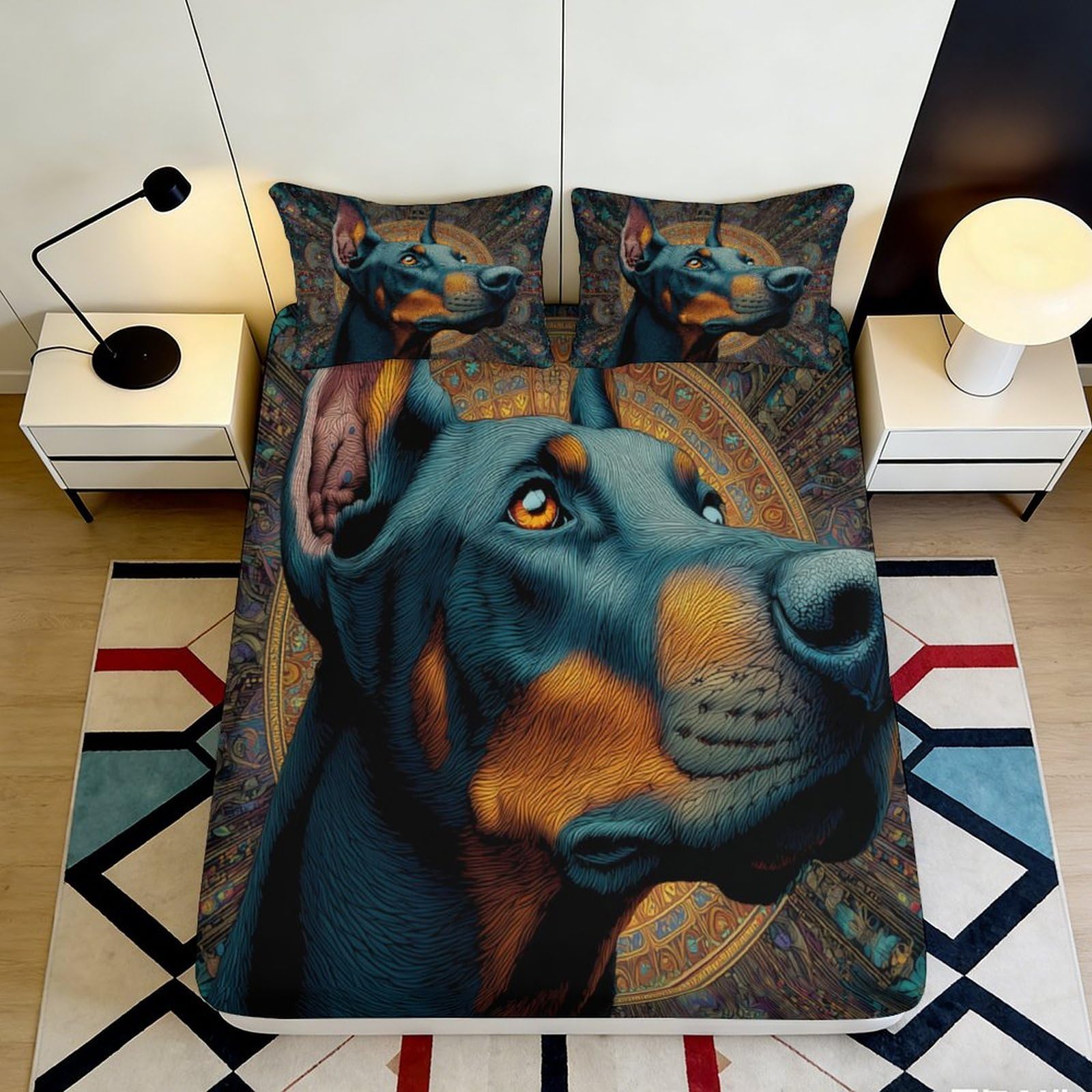 Jqzkxnhpbr Style-4 3D Printed Doberman Art Fitted Sheet Microfiber Soft Breathable Animal Pattern Bed Cover For Bedroom Guest Room Mattress Protection Decor 90X200x25cm