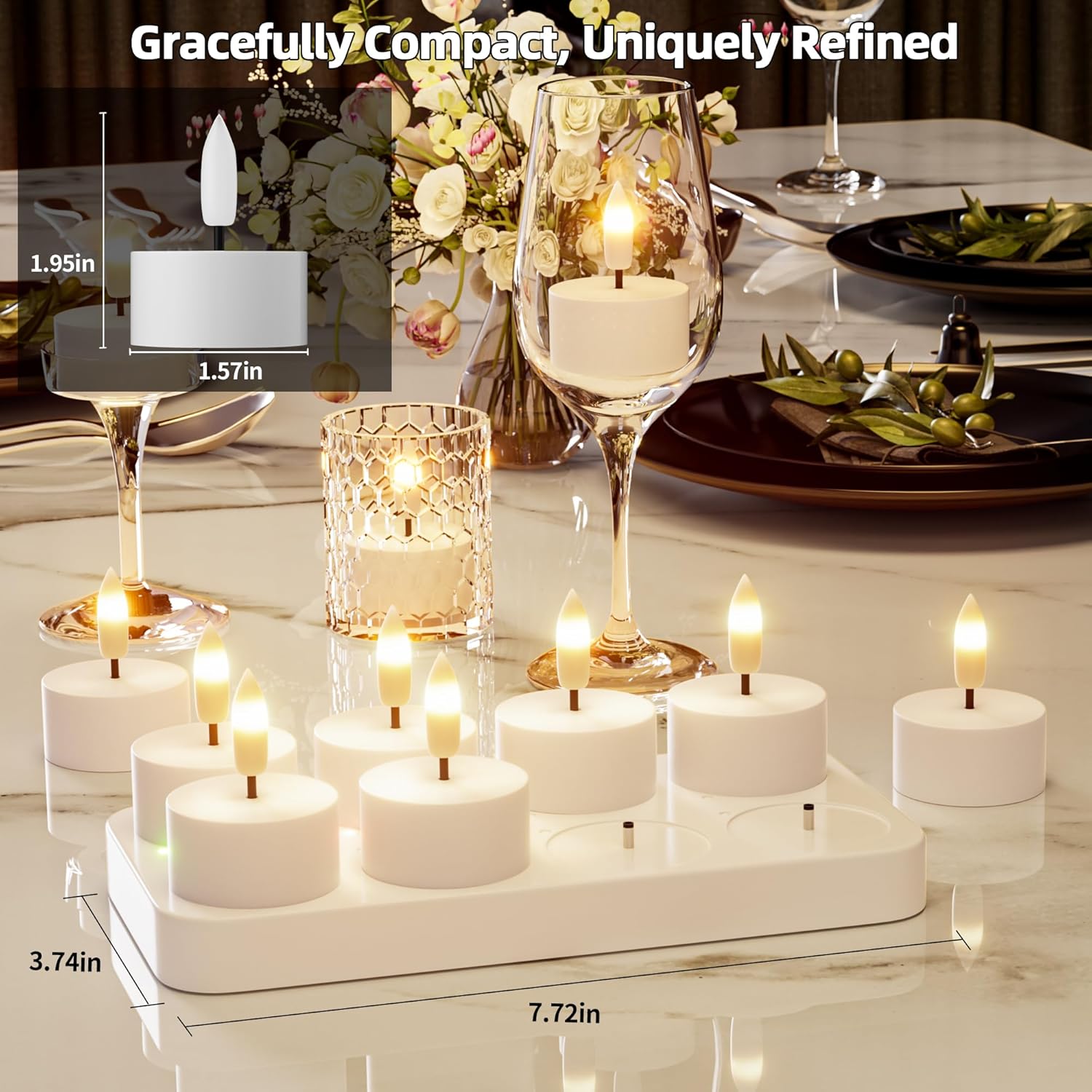 Rechargeable Flameless Tea Lights Candles with Charging Station 8Pcs Battery Tea Lights with Remote & Timer LED Tealight Flickering Realistic for Home Christmas Wedding Decor - White