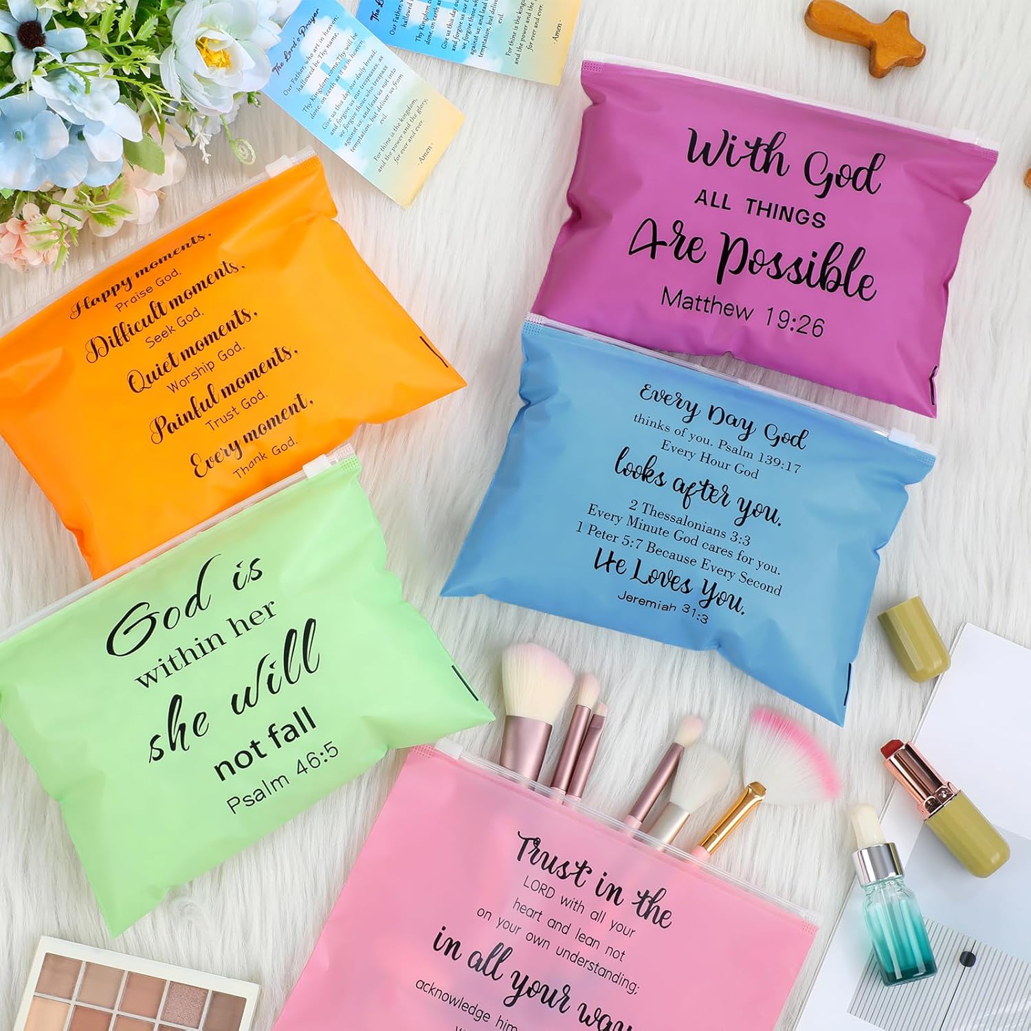 Kacctyen 100 Pcs Christian Gifts for Women Bulk Religious Bible Verse Makeup Cosmetic Bag Bulk Church Inspirational Gift Plastic Toiletry Bag Travel Purse for Mother's Day Teacher 8" x 6"