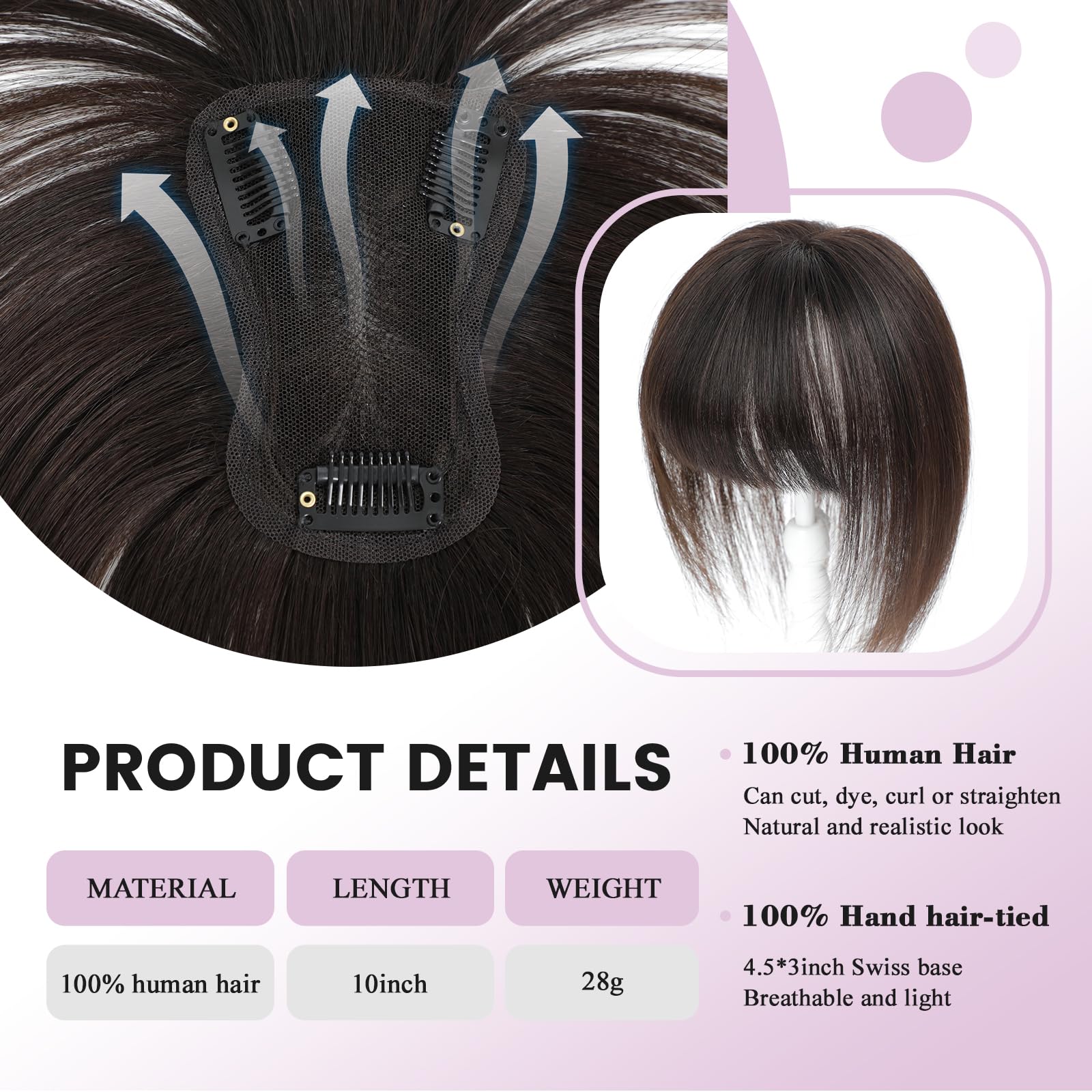 Damen Echthaar Toupet mit Pony handgenäht 360 ° Abdeckung 3D Naturhaar für dünnes Haar Haar Toupets für Frauen Dünnes Haar Schweizer Basis Dunkelbraun