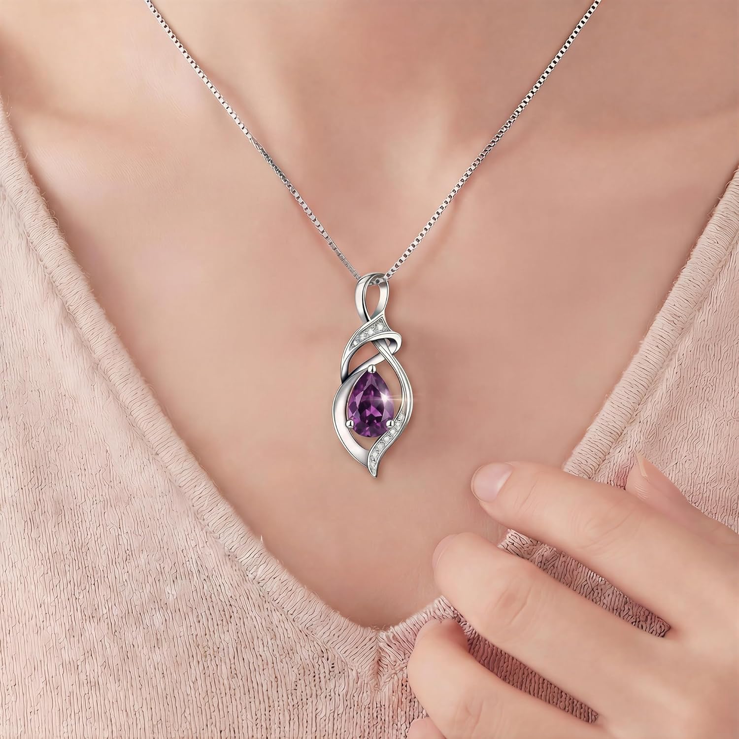Birthstone Necklace for Women, S925 Sterling Silver Purple crystal Infinity Teardrop Pendant, February Birthday Jewelry Gifts for Mom Wife Girlfriend Teacher Daughter, 18"+2" Inches