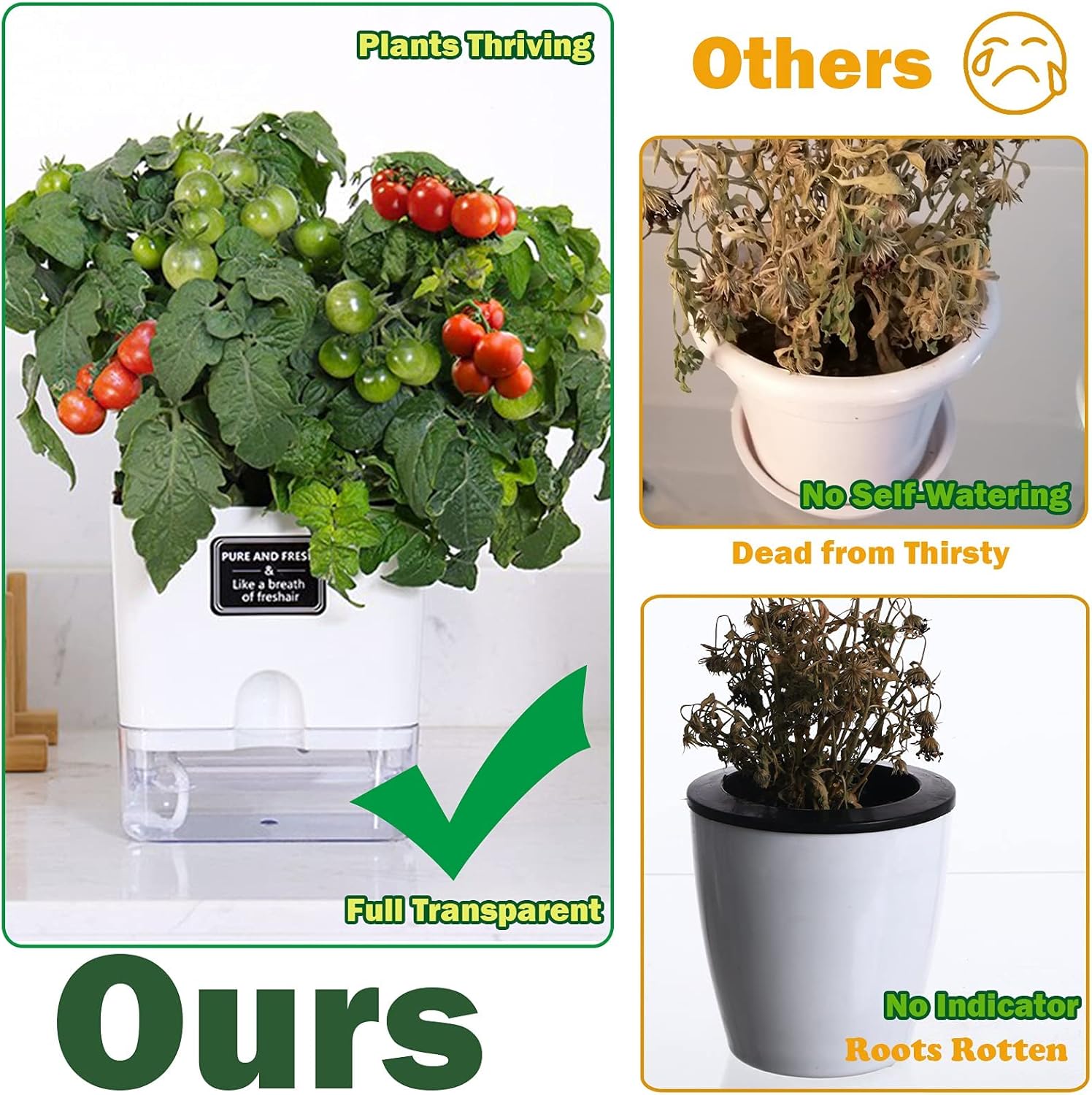 Planterhoma Self Watering Plant Pots for Indoor Plants 7 inch, 4 Packs Rectangle Self-Watering Planters with Drainage Hole, White African Violet Pots for Devil's Ivy, Spider Plant, Orchid, Herb