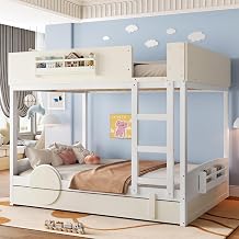 VilroCaz Queen Bunk Bed with Built-in Bookshelf, Solid Wood Bunk Bed with Trundle -Length Guardrails for Kids Teens Adults, Maximize Space White+Beige K, Queen