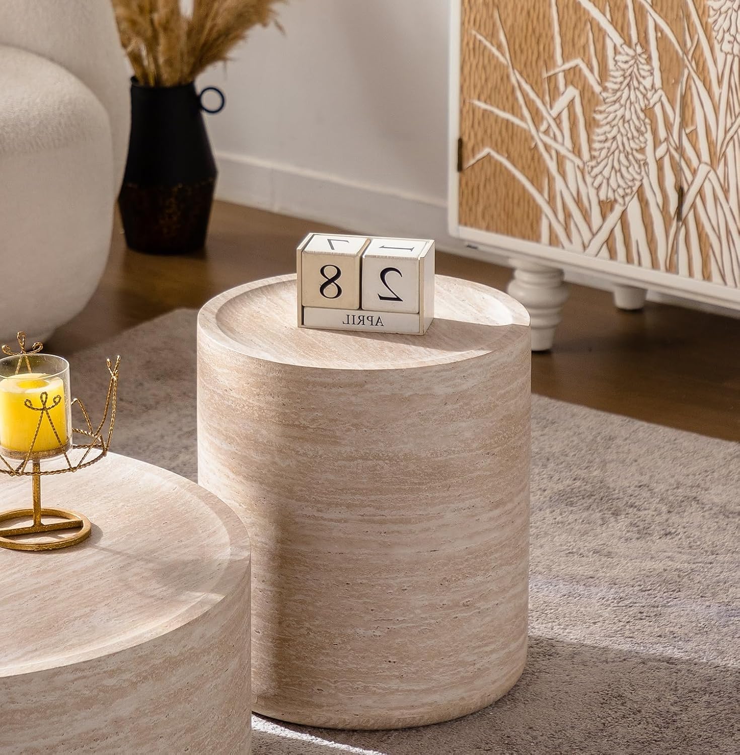 Henf 37.4'' American Faux Travertine Coffee Table, Three-Dimensional Embossed Pattern Design, Drum Round Coffee Table for Living Room, Circle Centre Table Cocktail Table for Home Office, Natural