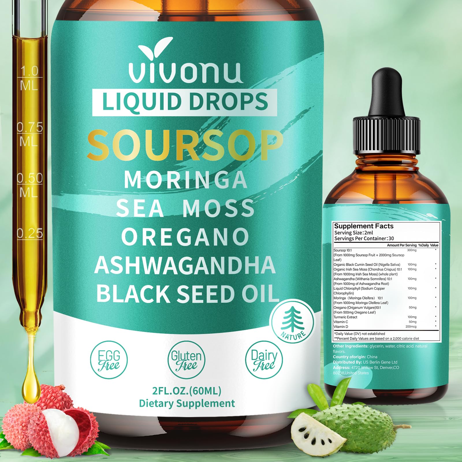 10-in-1 Soursop Bitters Liquid Drops 3000mg, Soursop Drops with Ashwagandha, Black Seed Oil, Moringa, See Moss for Natural Antioxidant, Cell Support &amp; Regeneration, Immune Boost, Rich In Vitamin D&amp; C