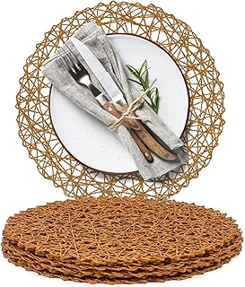 AHHFSMEI Paper Braided Round Placemats Set of 6 Natural Non-Slip Heat Resistant Table Mats for Dining Tables Woven Indoor & Outdoor Place mats(Brown)