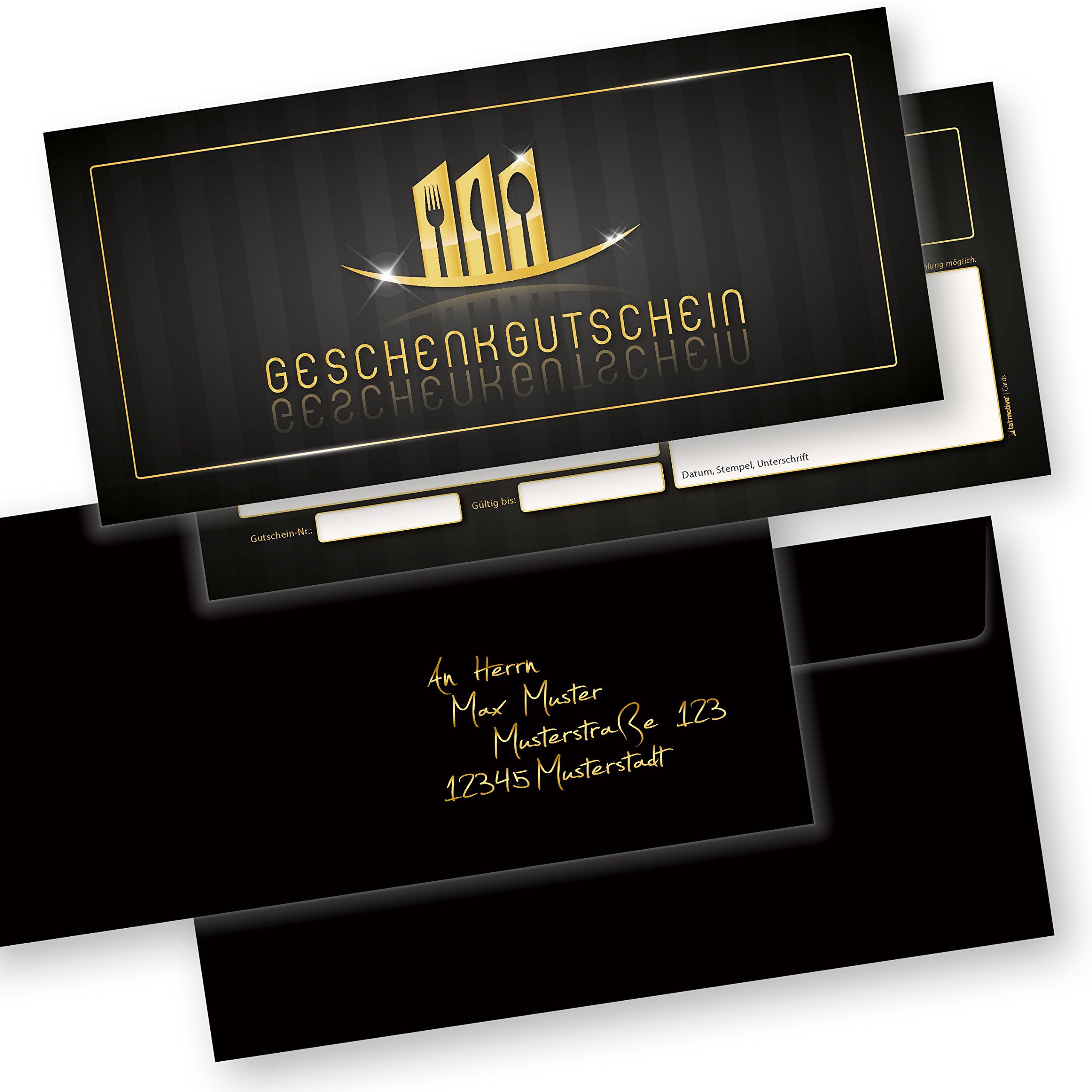 tatmotive Geschenkgutscheine Gastronomie (500 Stück mit Umschläge) einfach Werte eintragen und stempeln, für Gastro/Restaurant