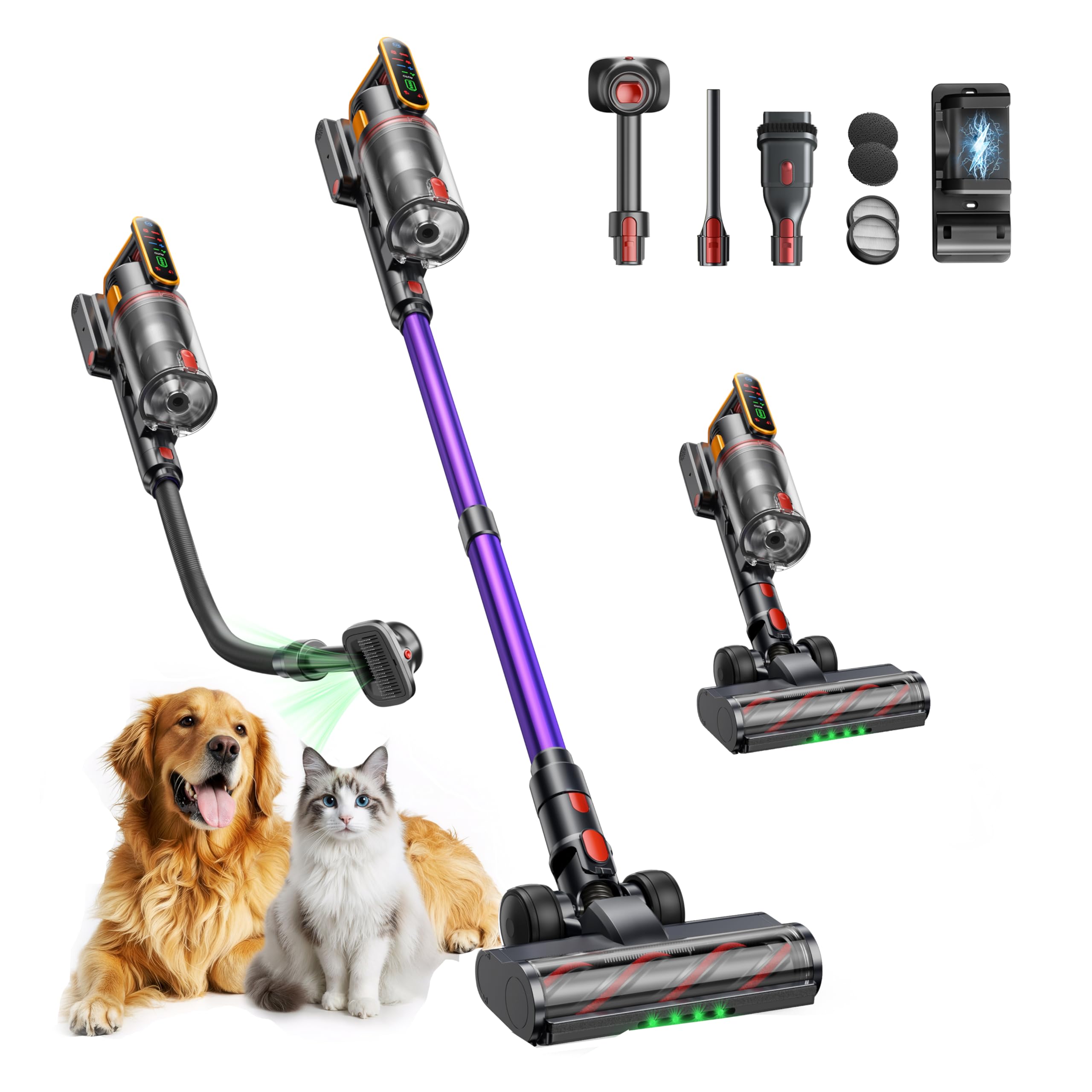 Fieety Akku Staubsauger 600W/50kPa/65Min, Staubsauger Kabellos mit Tierpflegebürste, 1M Schlauch, Wandladestation, 8-Schicht-Filtration Aromatherapie Ultraleise für Tierhaare, Teppich, Hartböden, Auto