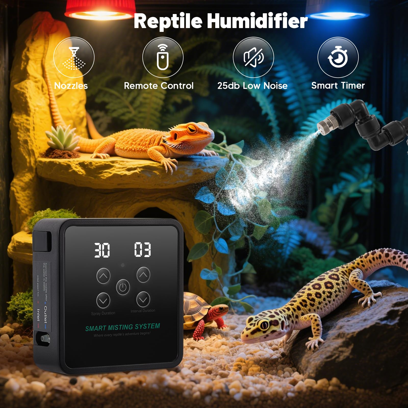 Beregnungsanlage Terrarium, Intelligentes Luftbefeuchter Terrarium mit Fernbedienung, Timer und Sprühdüsen 360 ° Verstellbare, Vernebler Terrarium für Amphibien Reptilien Pflanzen, Schwarz