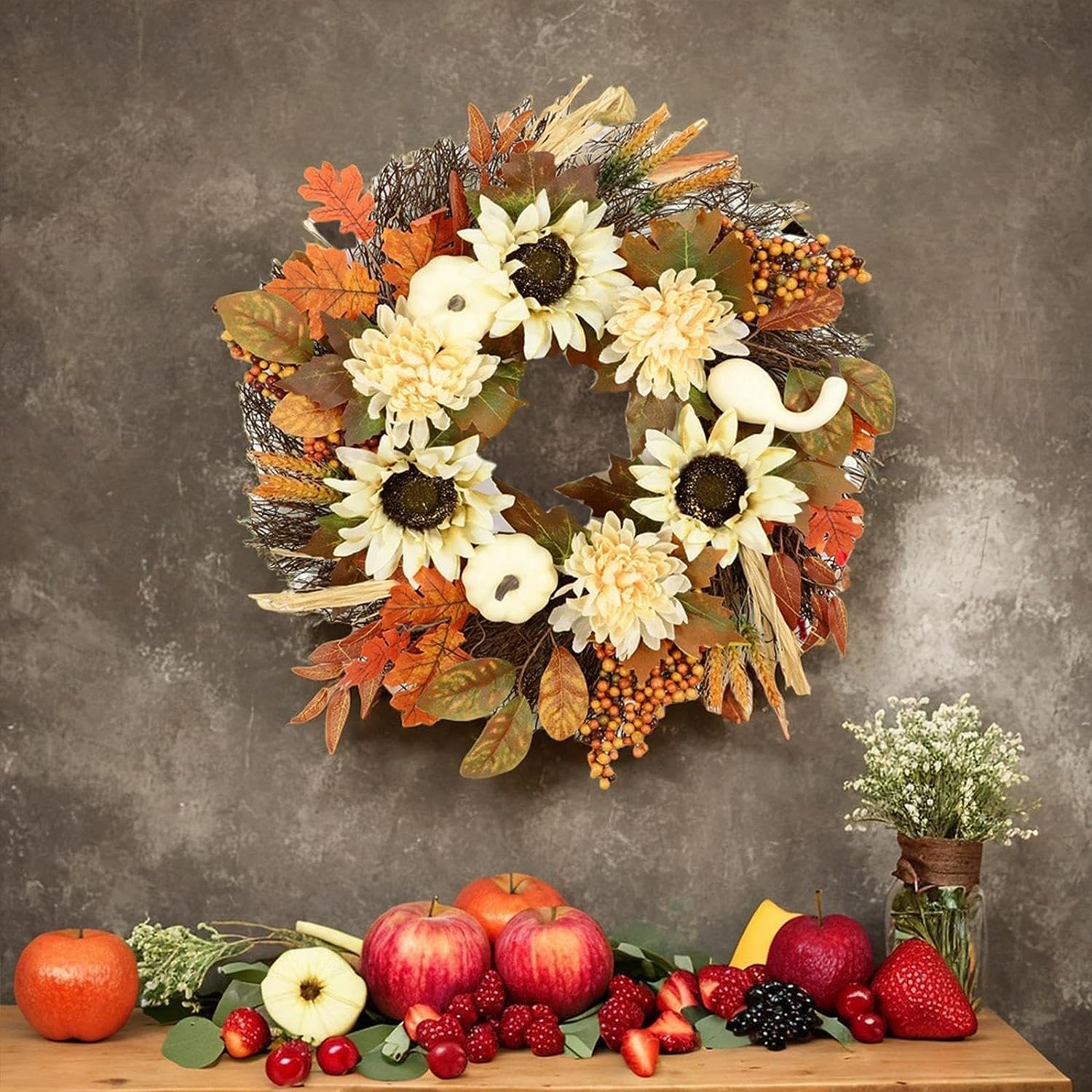 AGAATI Türkranz, Herbstkränze für die Haustür, Herbstkürbiskranz, Türkranz für die Vordertür, kreativer Sonnenblumen-Erntedankkranz, 60 cm (Größe: 60 cm) (60 cm)