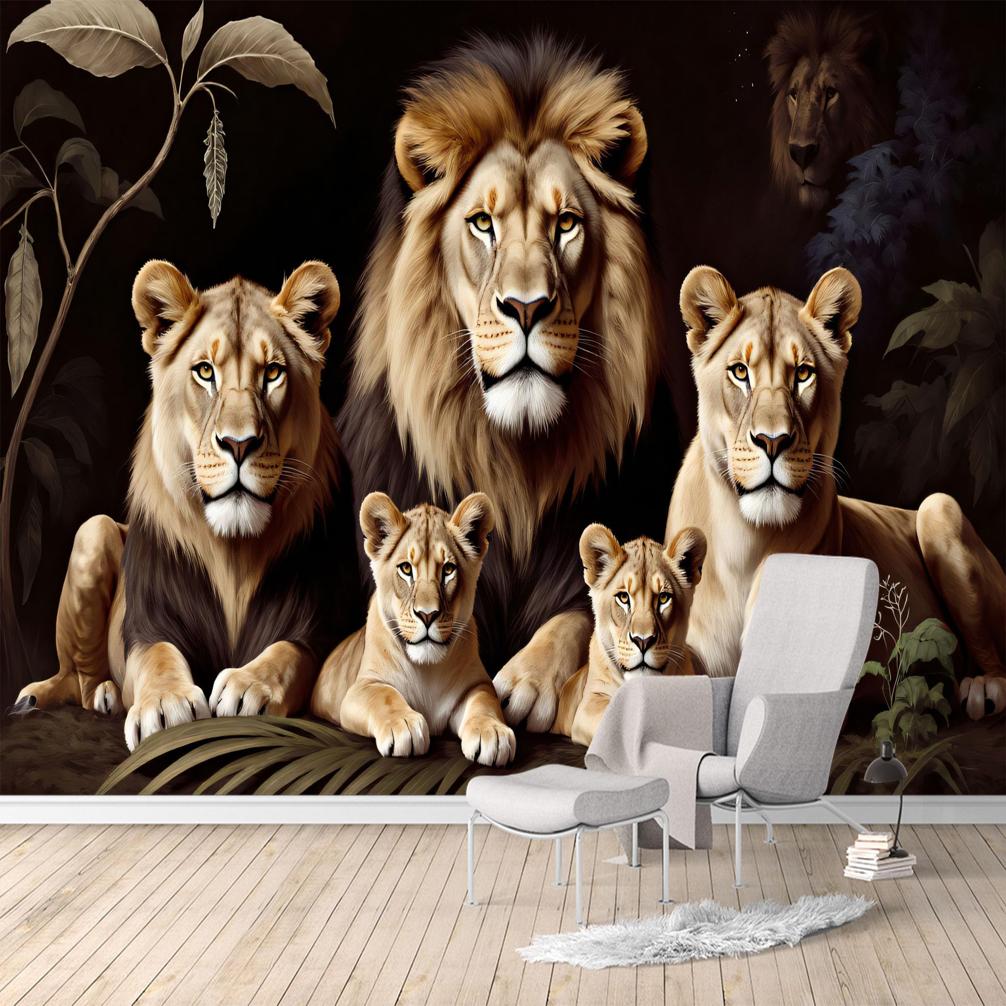 Custom Size Wall Murals,Majestic Lion Family Jungle Wildlife Art Painting,SelfAdhesive Water Activated Removable Wall Covering,Large Photo Wallpaper for Living Room Bedroom Office