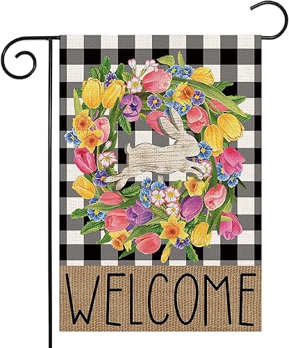 Miniatura 1 de Banderas de Pascua para exteriores 28 x 40 pulgadas bandera de primavera de doble cara corona de flores de tulipán de conejo decoración rústica al