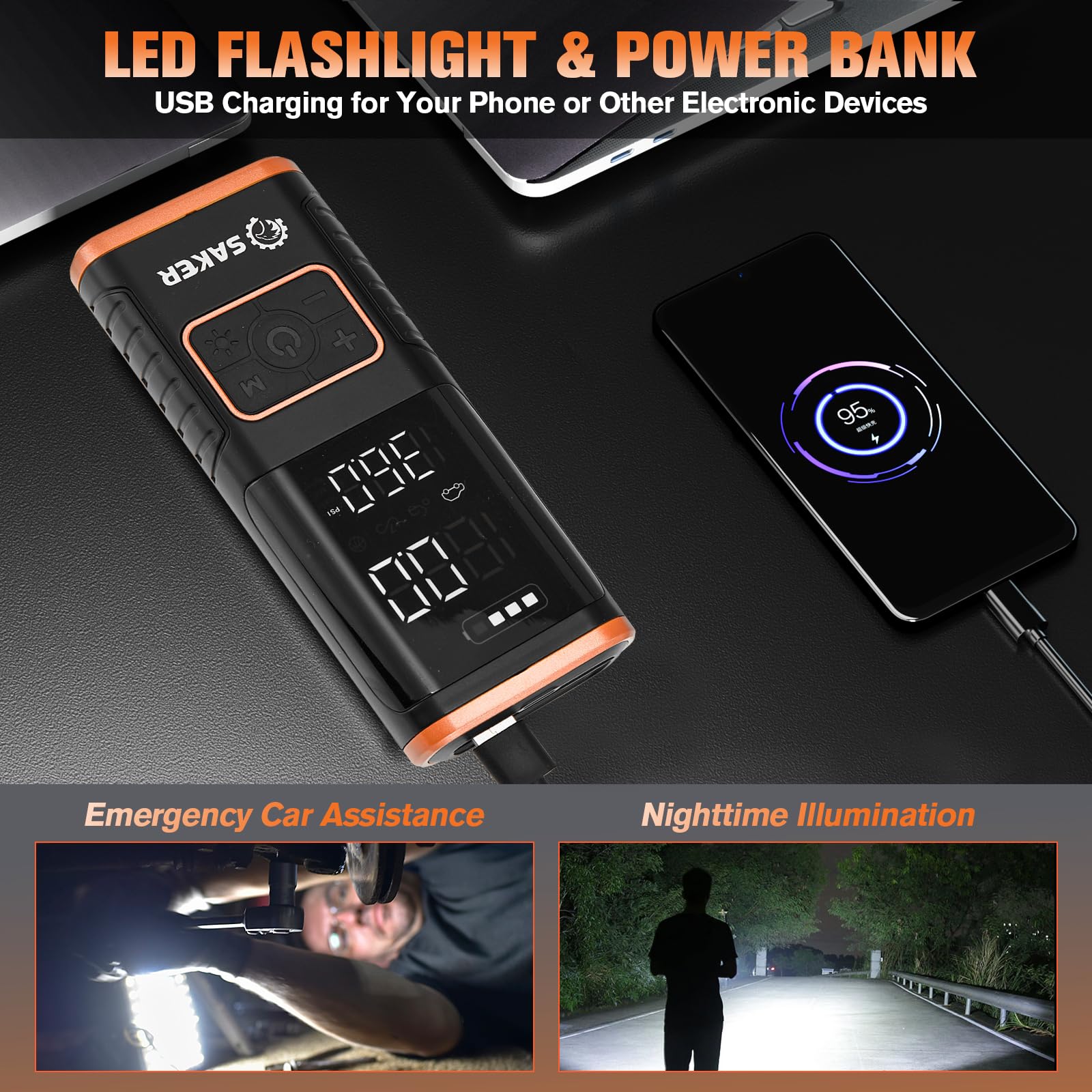 Saker Tire Inflator Portable Air Compressor - 150PSI Car Tires Air Pump with Tire Pressure Gauge Led Light — view 7