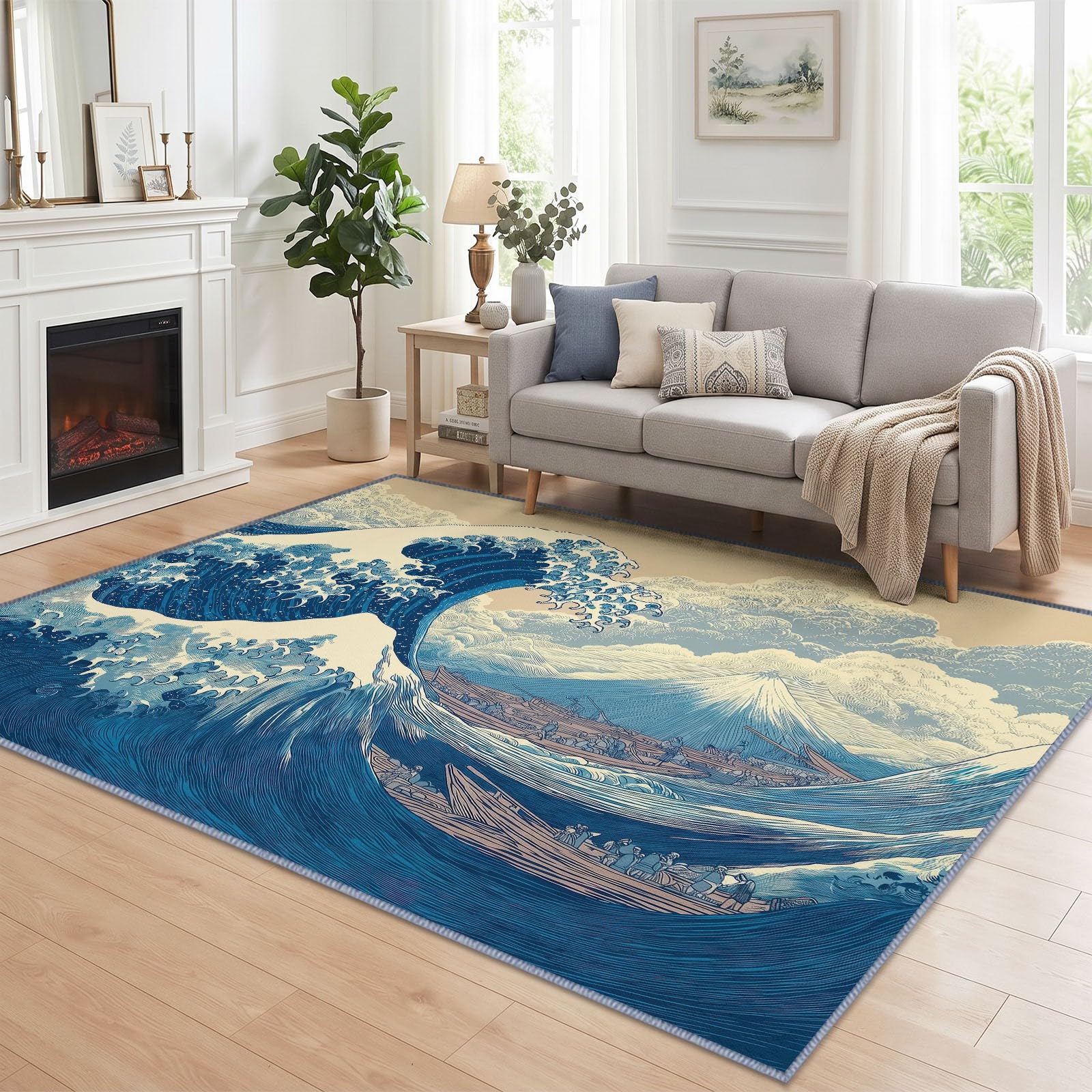Alfombra japonesa Ukiyo-e lavable para salón, 180 x 240 cm, con ondas grandes de escarcha, suave, antideslizante, de pelo corto, alfombra grande para dormitorio, cama, comedor, oficina