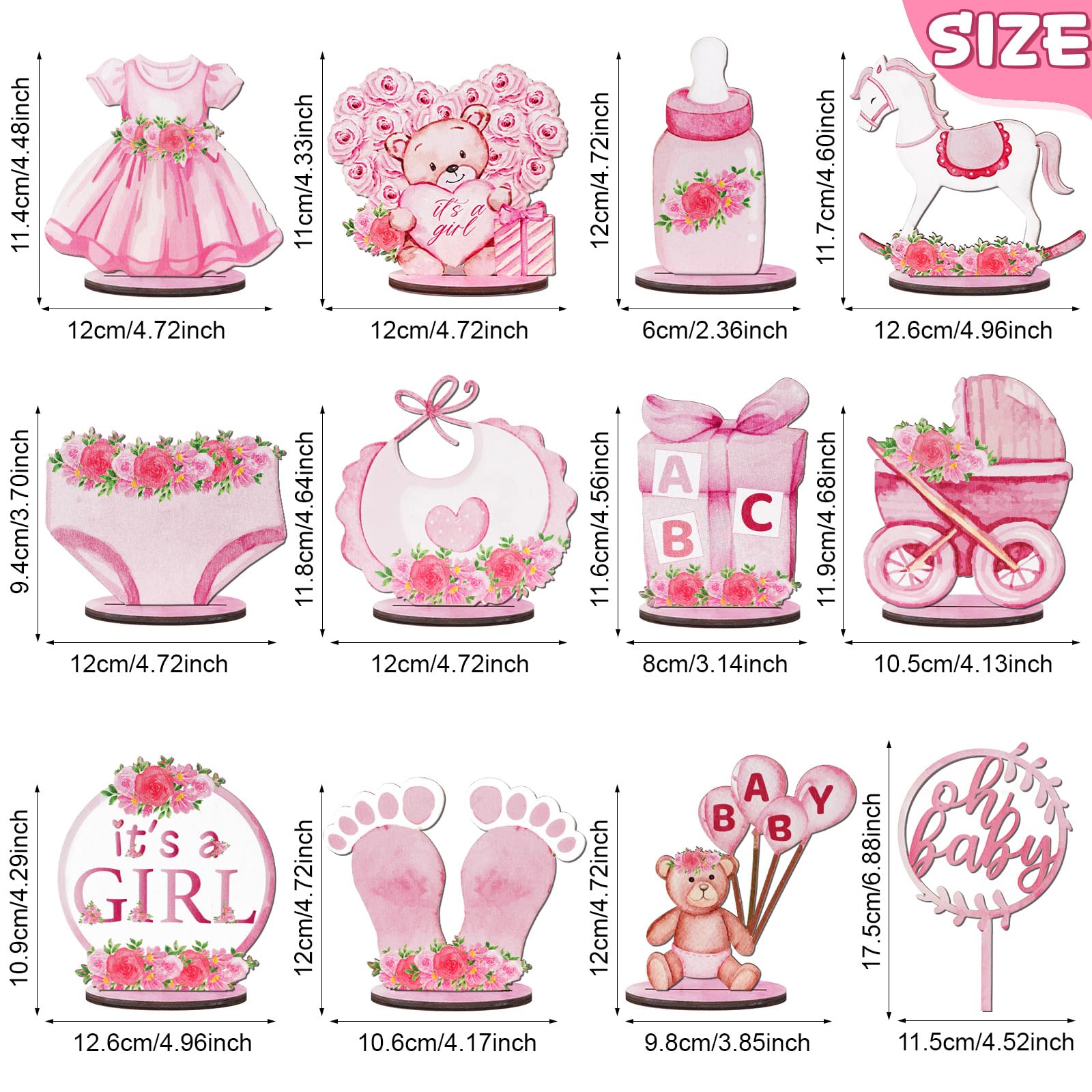 OurWarm 12 Pcs Pink Baby Shower Decorations for Girl, Wooden Baby Shower Centerpieces for Tables Girl, Floral It's a Girl Gender Reveal Baby Shower Table Decorations for Girls Party Birthday Favors