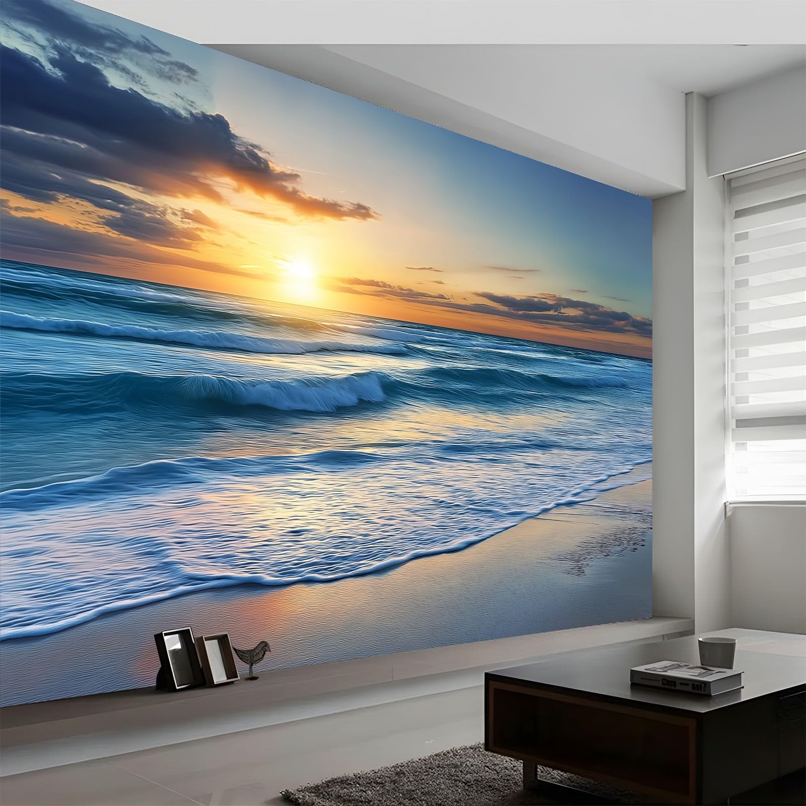 Large Beautiful Ocean Waves Sunrise Mural Wallpaper 200 x 140 cm, Nature Landscape Photo Wallpaper, Wall Mural Sticker for Bedroom Living Room Hallway Sofa Backdrop Wall Decor