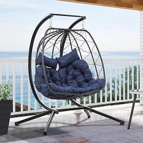 YITAHOME Hanging Egg Swing Chair with Stand Double Egg Chair 2 Person Wicker Chair Indoor Outdoor Hammock Egg Chair with Cushions 500lbs for Patio, Bedroom, Garden and Balcony, Navy Blue