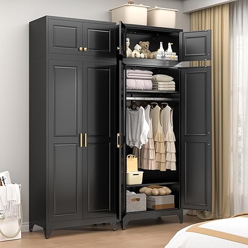 Miniatura 16 de Armario de metal, armario con barra para colgar, armario de almacenamiento de ropa con estantes y puertas ajustables, armario de ropa para