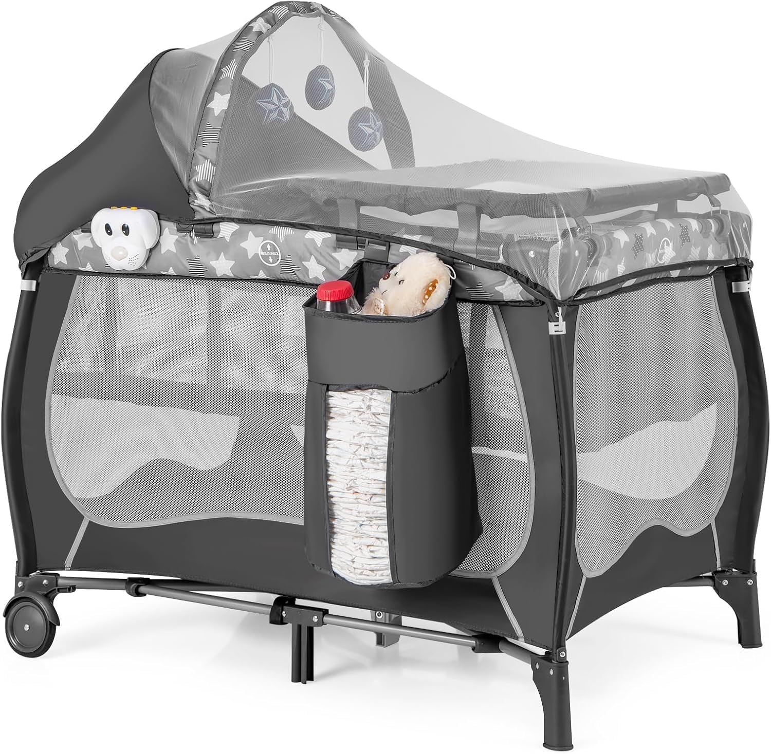 FANTASK Lit bébé 4 en 1, Arche de Jeu et boîte à Musique, Landau avec roulettes, Sac de Transport, lit d'appoint Portable avec Matelas Pliable, Table à Langer, baldaquin, pour bébé jusqu'à 36 Mois