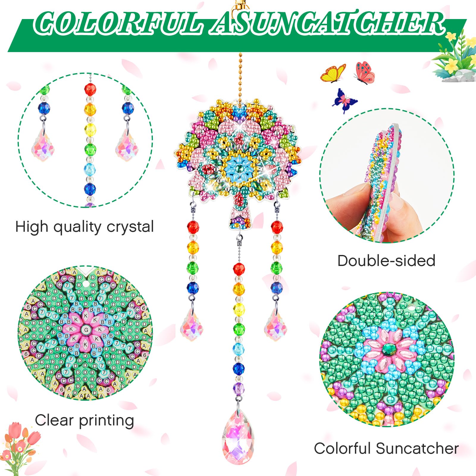 Queekay 2 Pieces 3D Diamond Painting Wind Chime Diamond Art Suncatcher Kits Three Dimensional By Number Hanging Ornament Double Sided Crystal Suncatcher Window Decor For Home Wall Garden(Heart