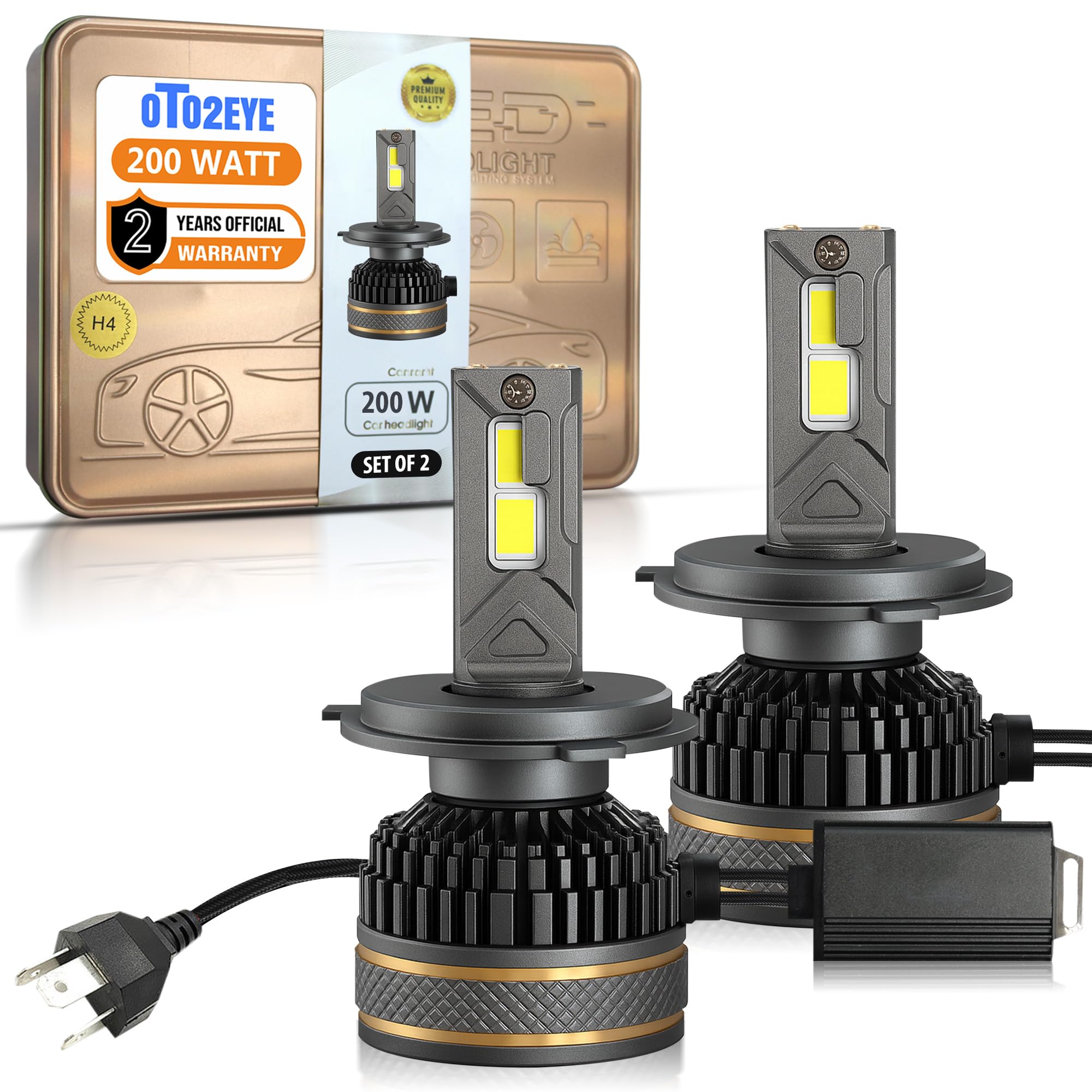 OTO2EYE H4 LED Headlight Bulbs, 200W, 20000 Lumens, Super Bright Headlight, 6500K, LED Headlight Auto Conversion Kit for Car, Set of 2, (2 Years Warranty)