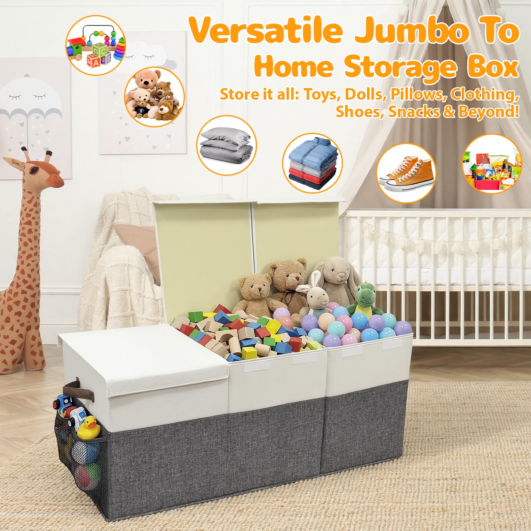 Extra Large Toy Storage Box with Lid, Collapsible Kids Toy Box, Sturdy Toys Storage Chest Bin Organizer Basket with Dividers for Kids, Boys, Girls, Living Room, Bedroom, Nursery, Playroom, 40"x14"x16" - 3