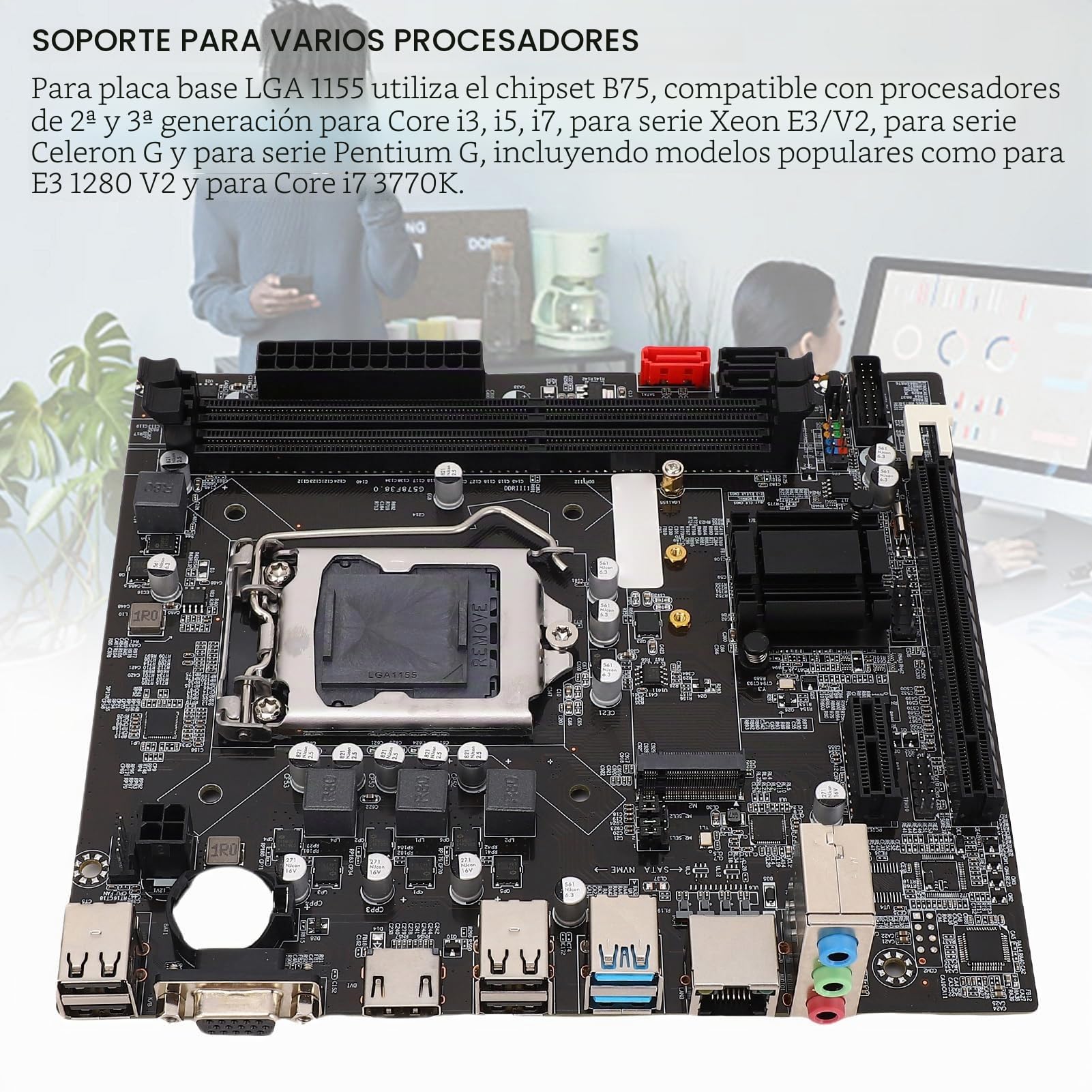 Placa Base B75 LGA 1155 DDR3 M.2 NVME NGFF para Core i3 i5 i7 Xeon E3 V2, 2x8GB Ranura de Memoria, Soporte VGA HD, 6 Fase Fuente de Alimentación